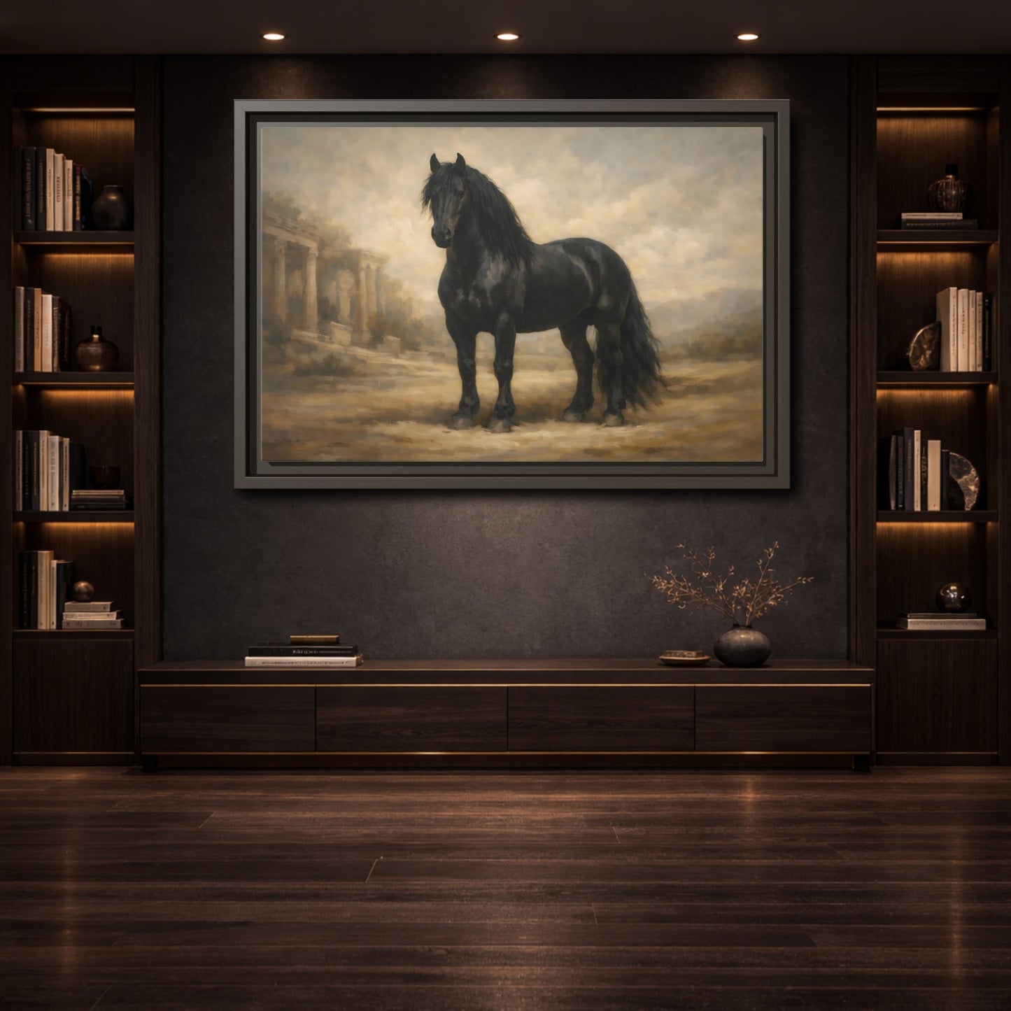 Mockup 3. Animals Black Horse Black And Tan shown as stretched canvas wall art