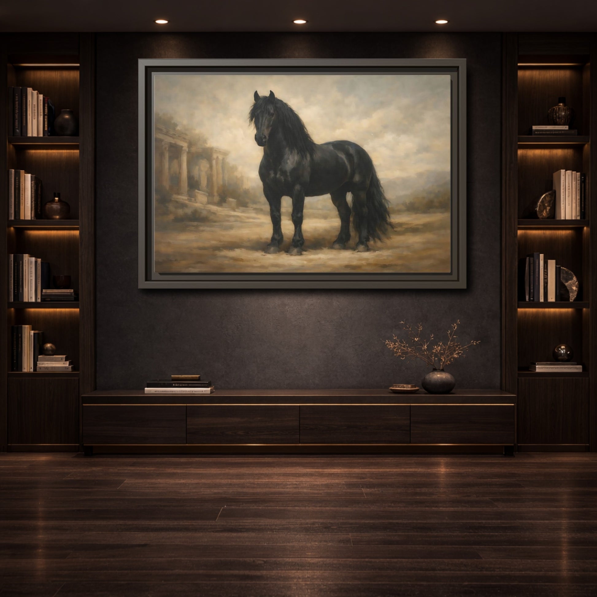 Mockup 3. Animals Black Horse Black And Tan shown as stretched canvas wall art
