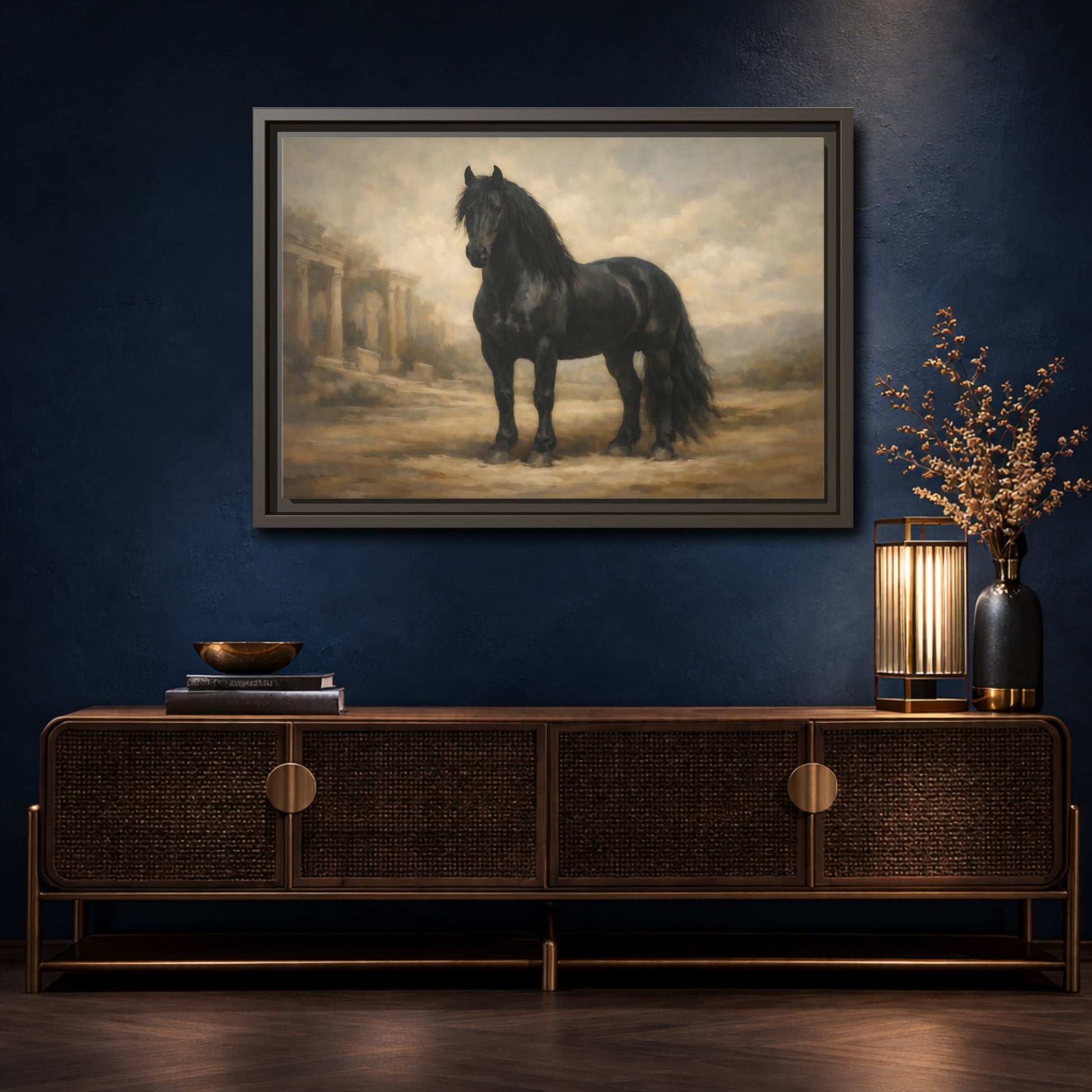 Mockup 4. Animals Black Horse Black And Tan shown as stretched canvas wall art