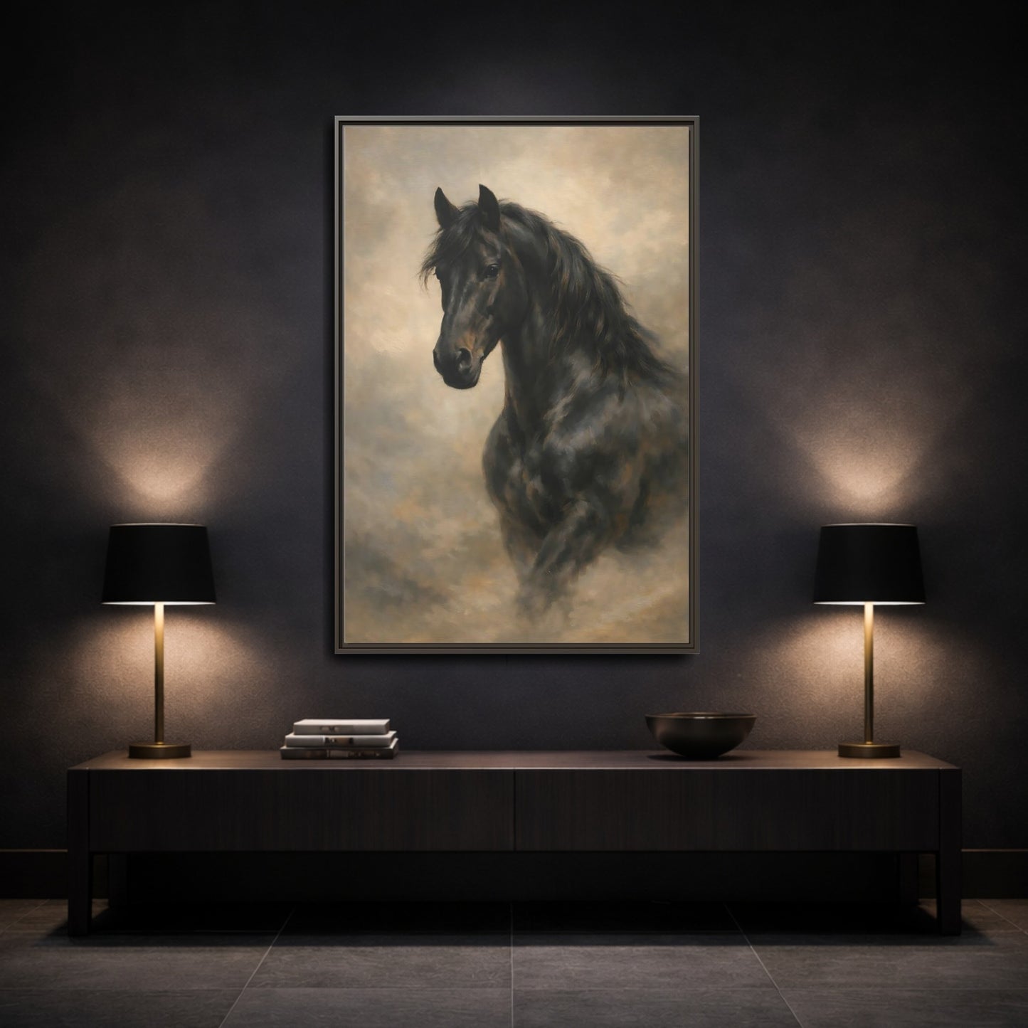 Mockup 2. Animals Black Horse Black Horse Art shown as stretched canvas wall art