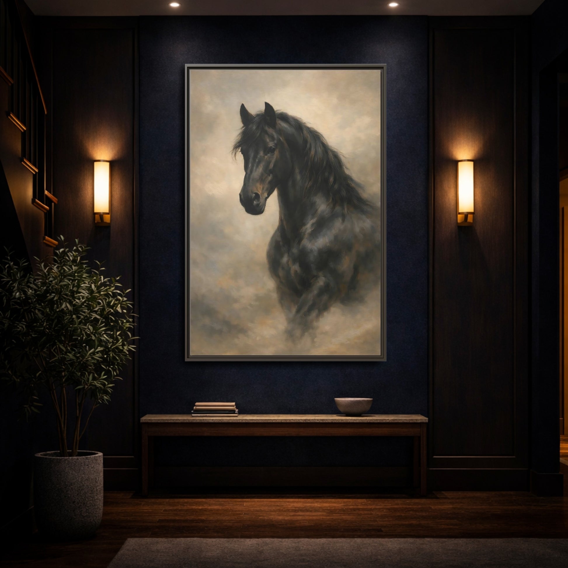 Mockup 3. Animals Black Horse Black Horse Art shown as stretched canvas wall art