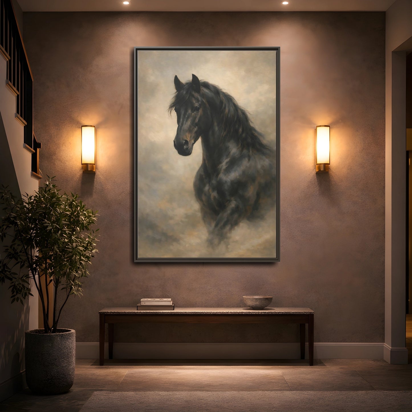 Mockup 4. Animals Black Horse Black Horse Art shown as stretched canvas wall art