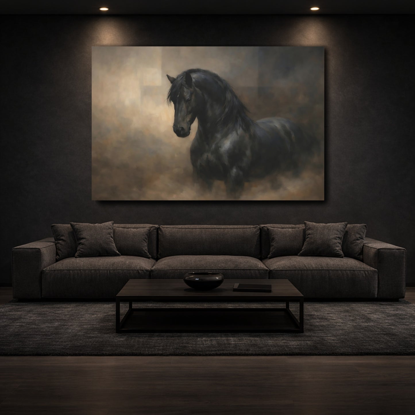 Mockup 2. Animals Black Horse Black Horse shown as stretched canvas wall art