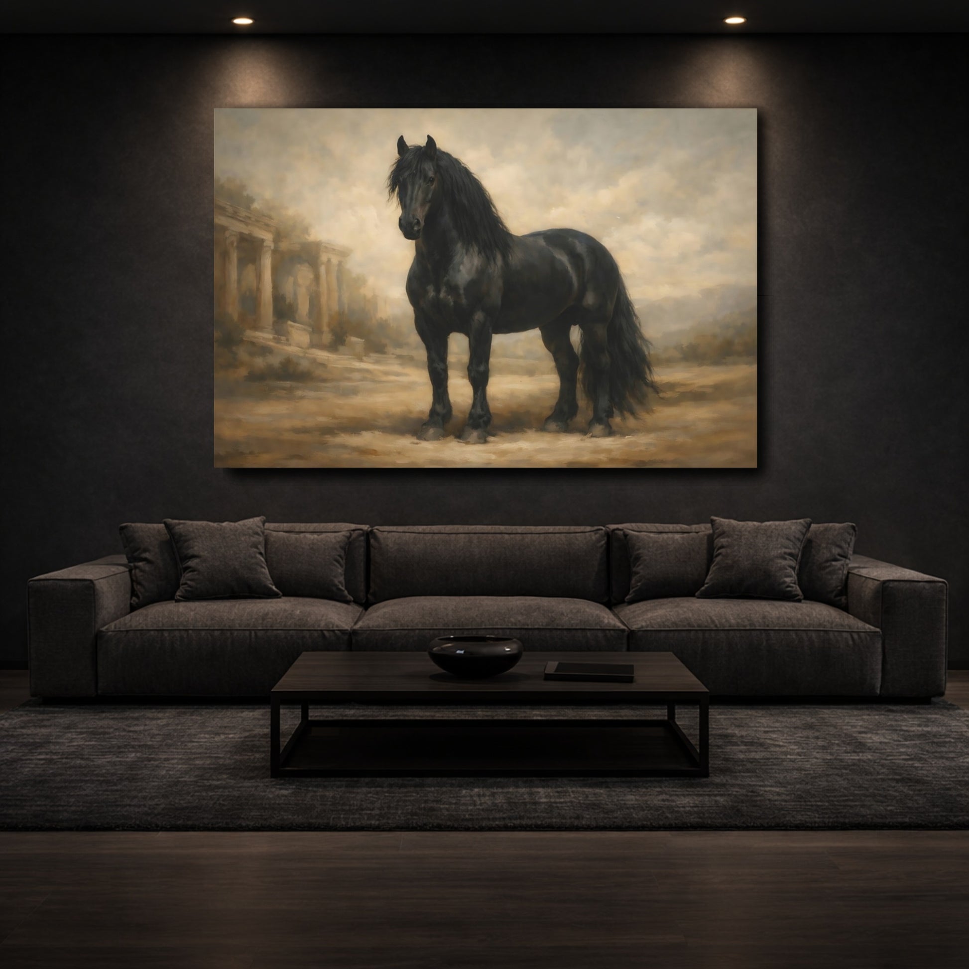 Mockup 2. Animals Black Horse Black Horse shown as stretched canvas wall art