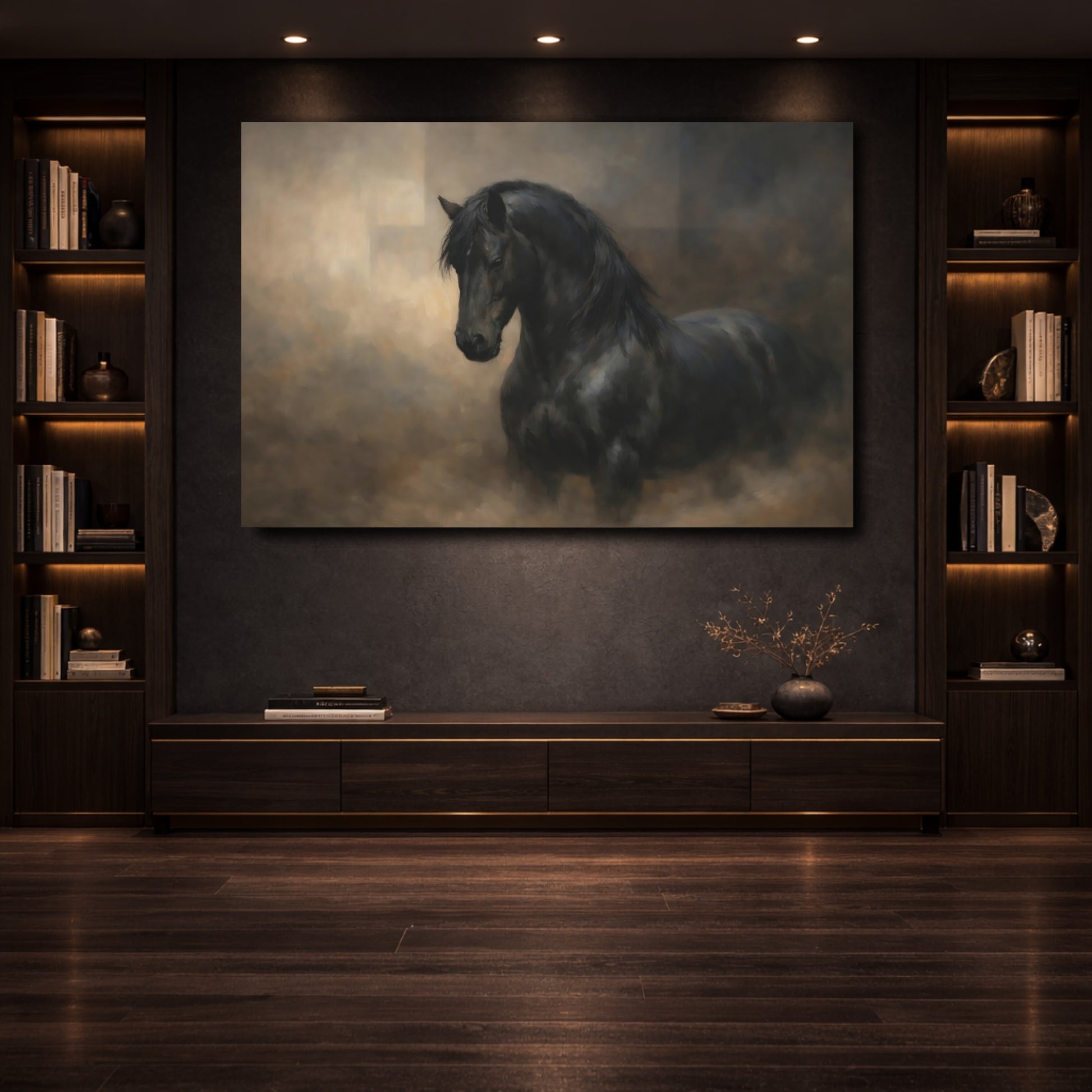 Mockup 3. Animals Black Horse Black Horse shown as stretched canvas wall art