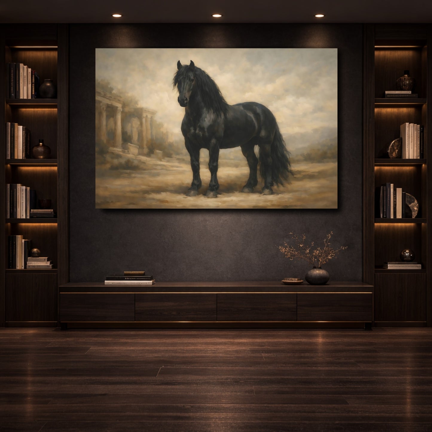 Mockup 3. Animals Black Horse Black Horse shown as stretched canvas wall art