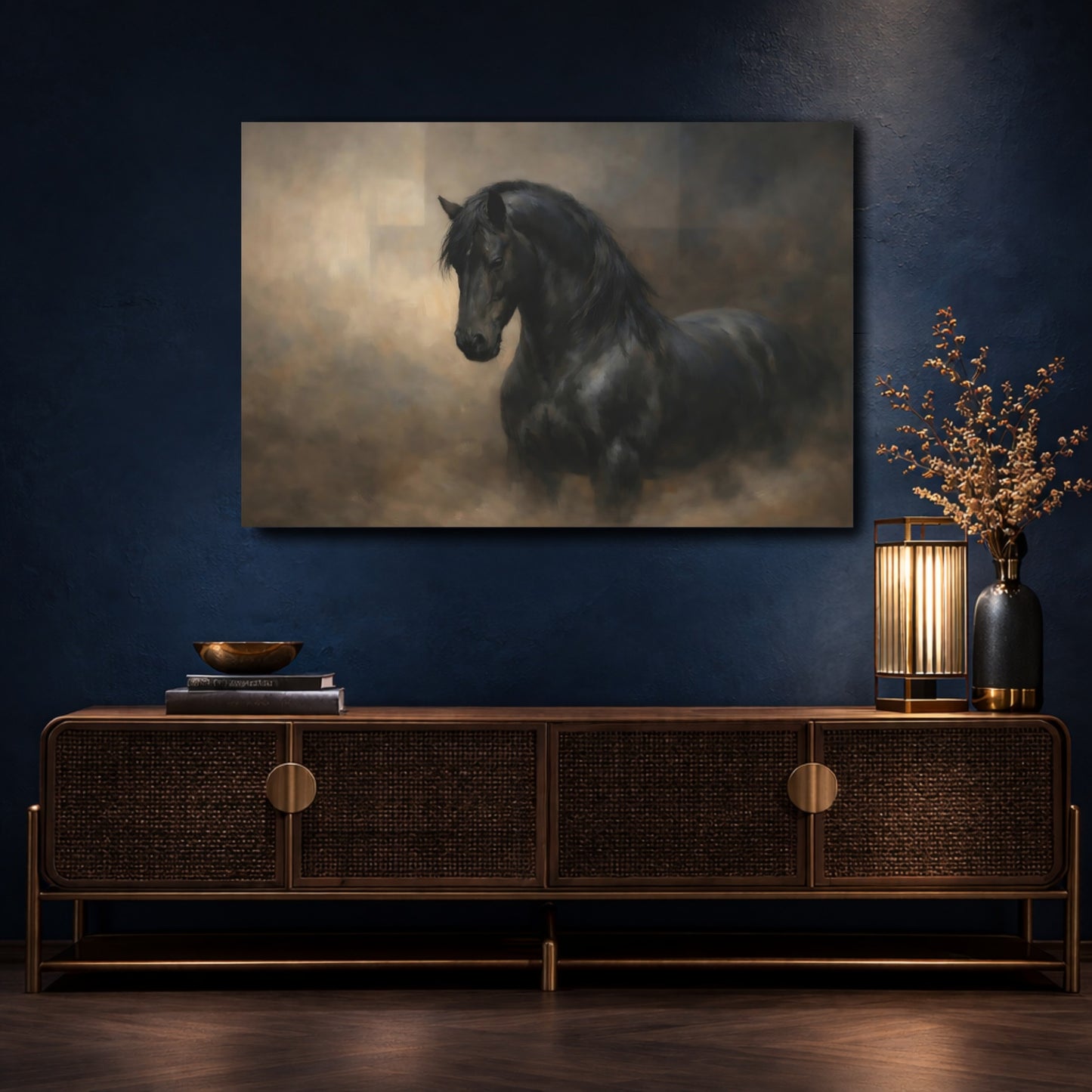 Mockup 4. Animals Black Horse Black Horse shown as stretched canvas wall art