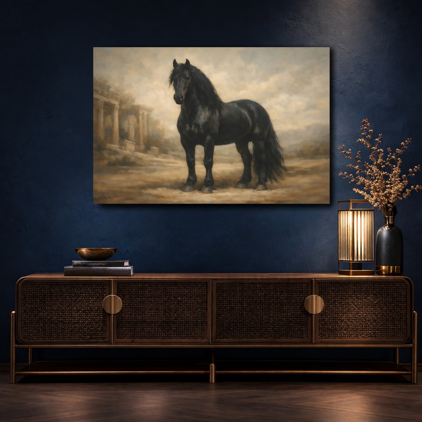 Mockup 4. Animals Black Horse Black Horse shown as stretched canvas wall art