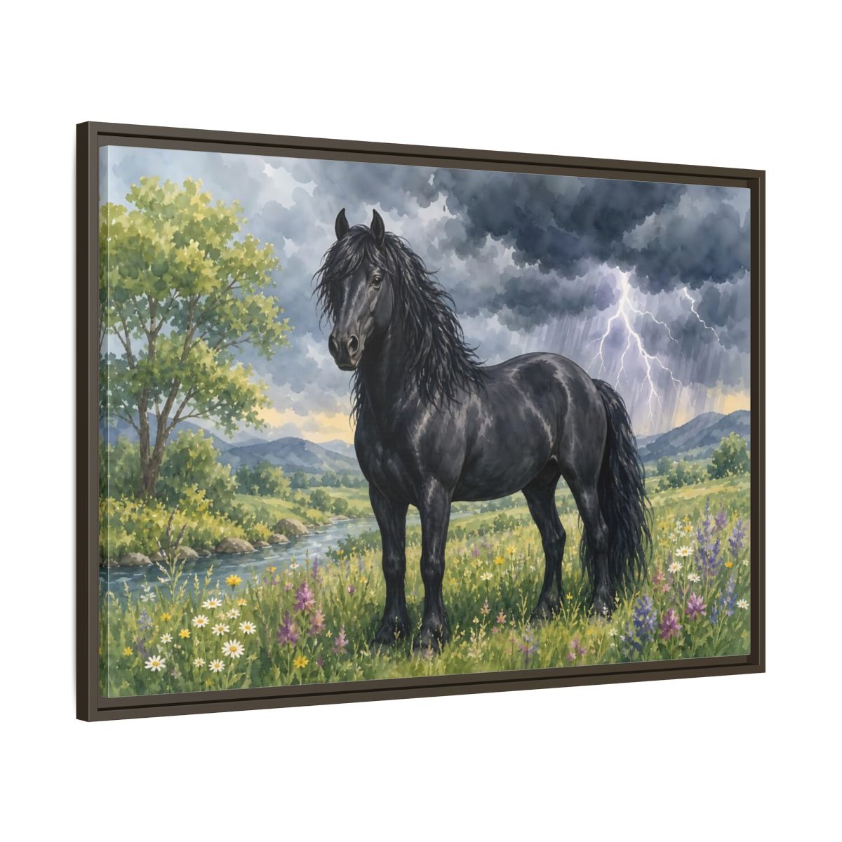 Main Mockup. Animals Black Horse Black Horse Storm shown as stretched canvas wall art