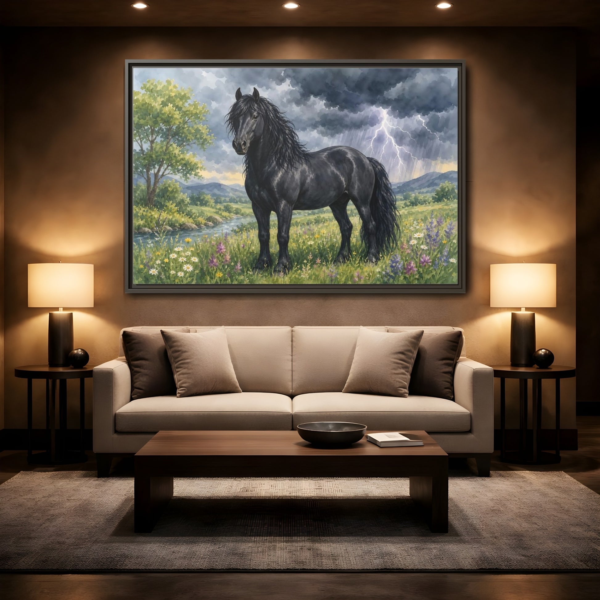 Mockup 2. Animals Black Horse Black Horse Storm shown as stretched canvas wall art