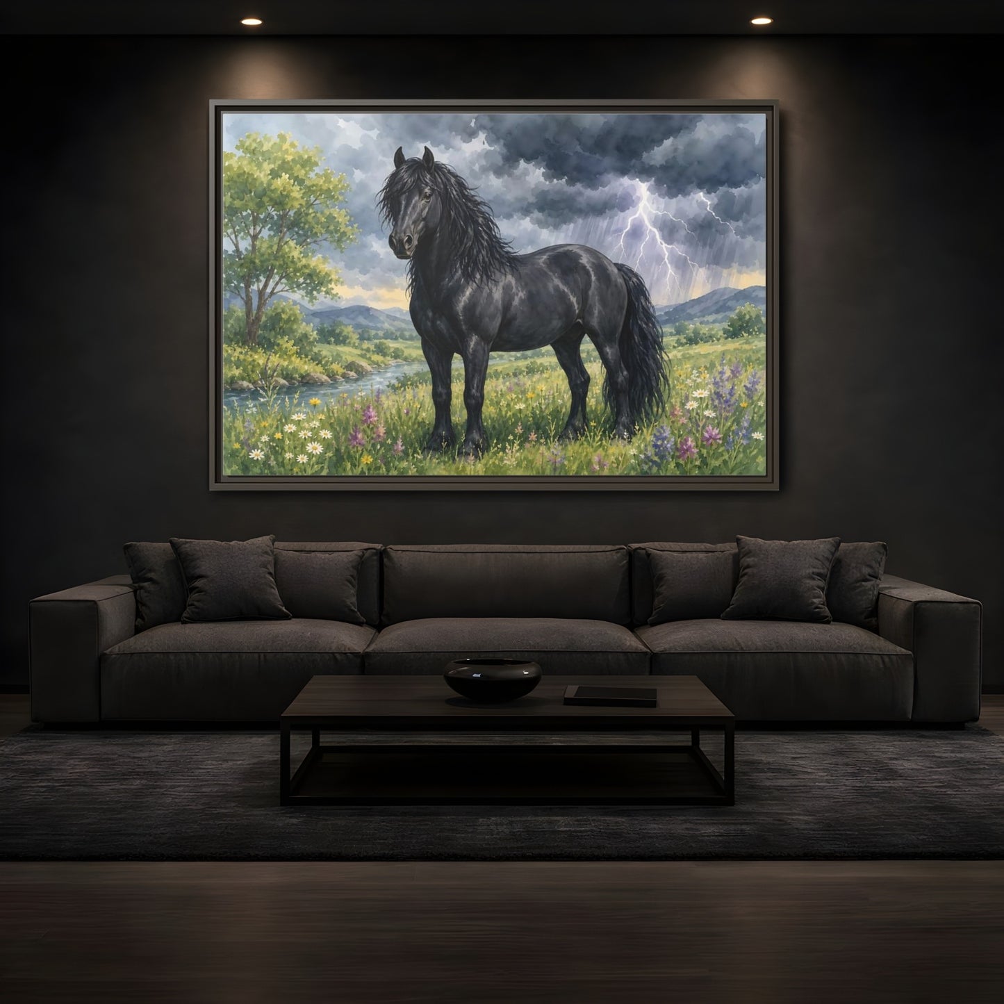 Mockup 3. Animals Black Horse Black Horse Storm shown as stretched canvas wall art