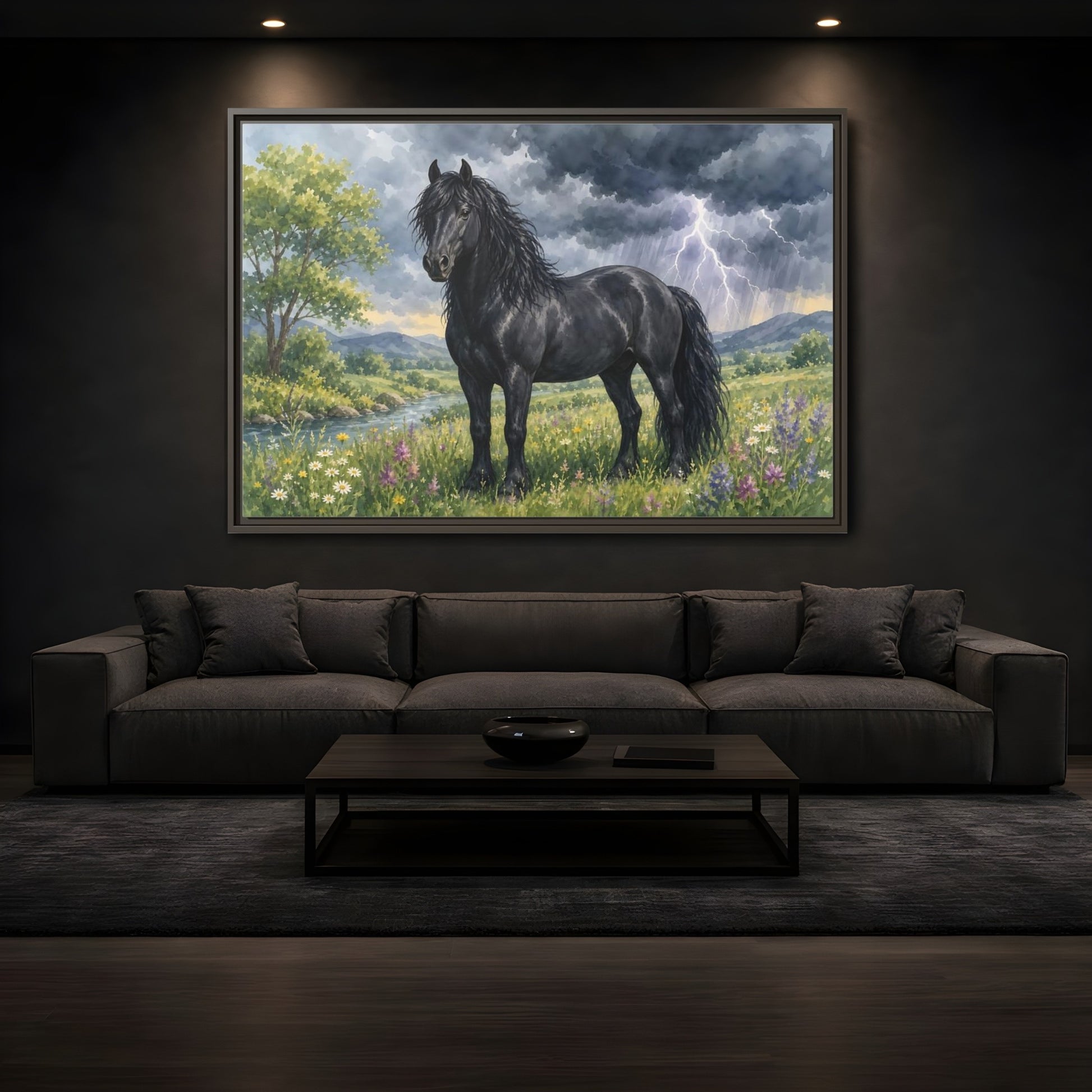 Mockup 3. Animals Black Horse Black Horse Storm shown as stretched canvas wall art