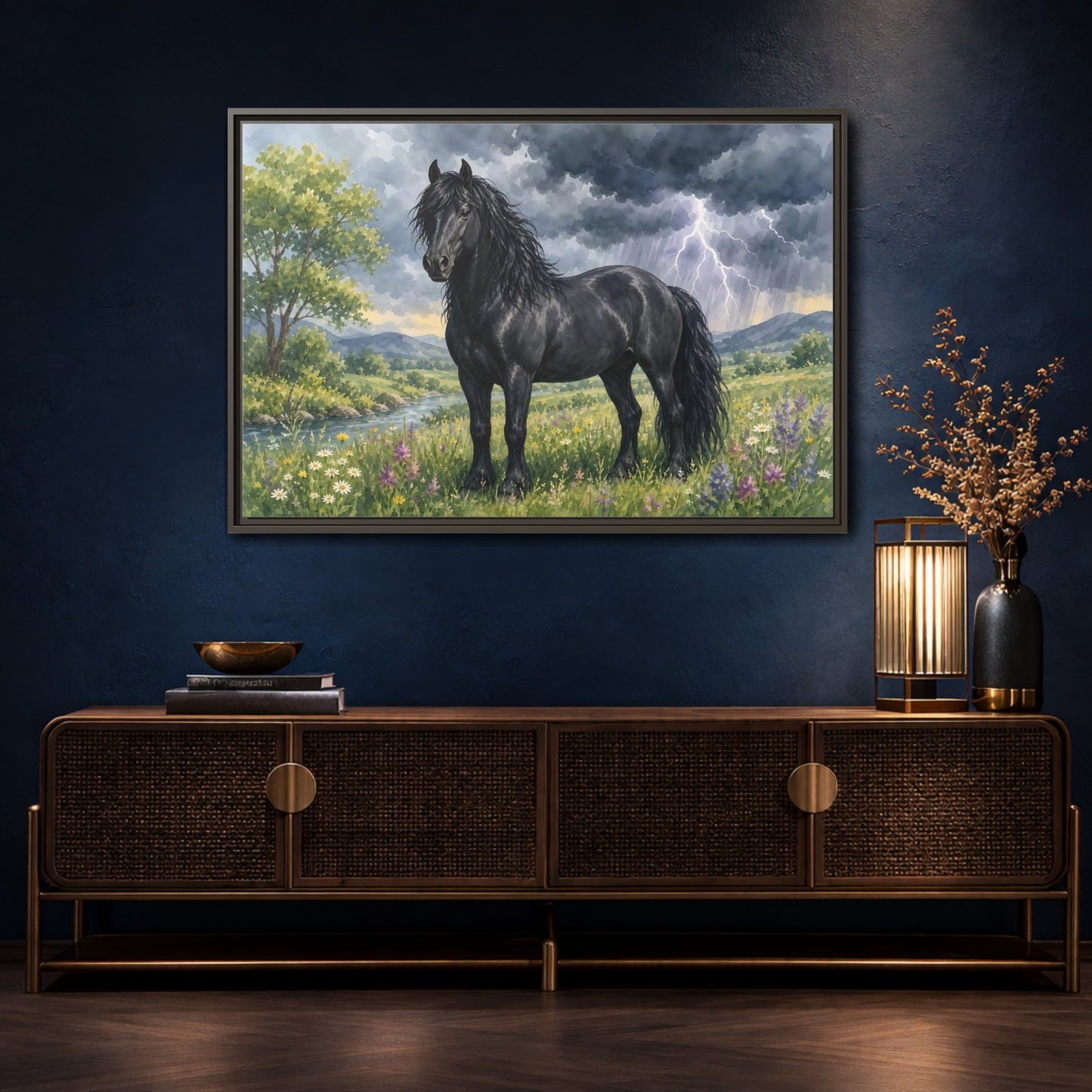 Mockup 4. Animals Black Horse Black Horse Storm shown as stretched canvas wall art
