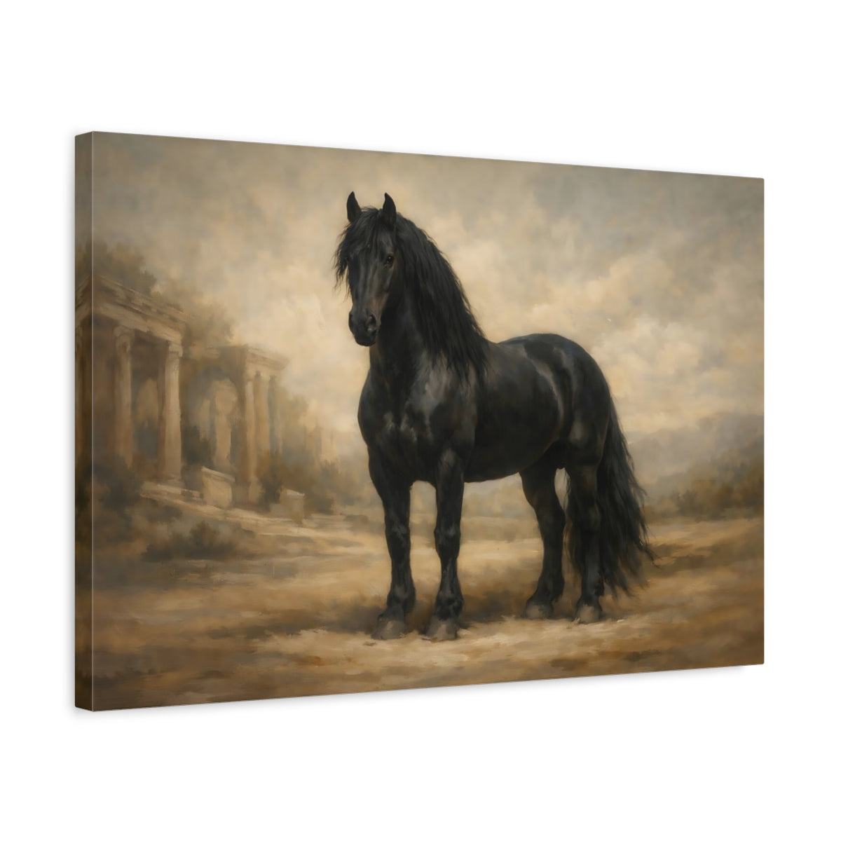 Side Mockup 3. Animals Black Horse Black Horse shown as stretched canvas wall art
