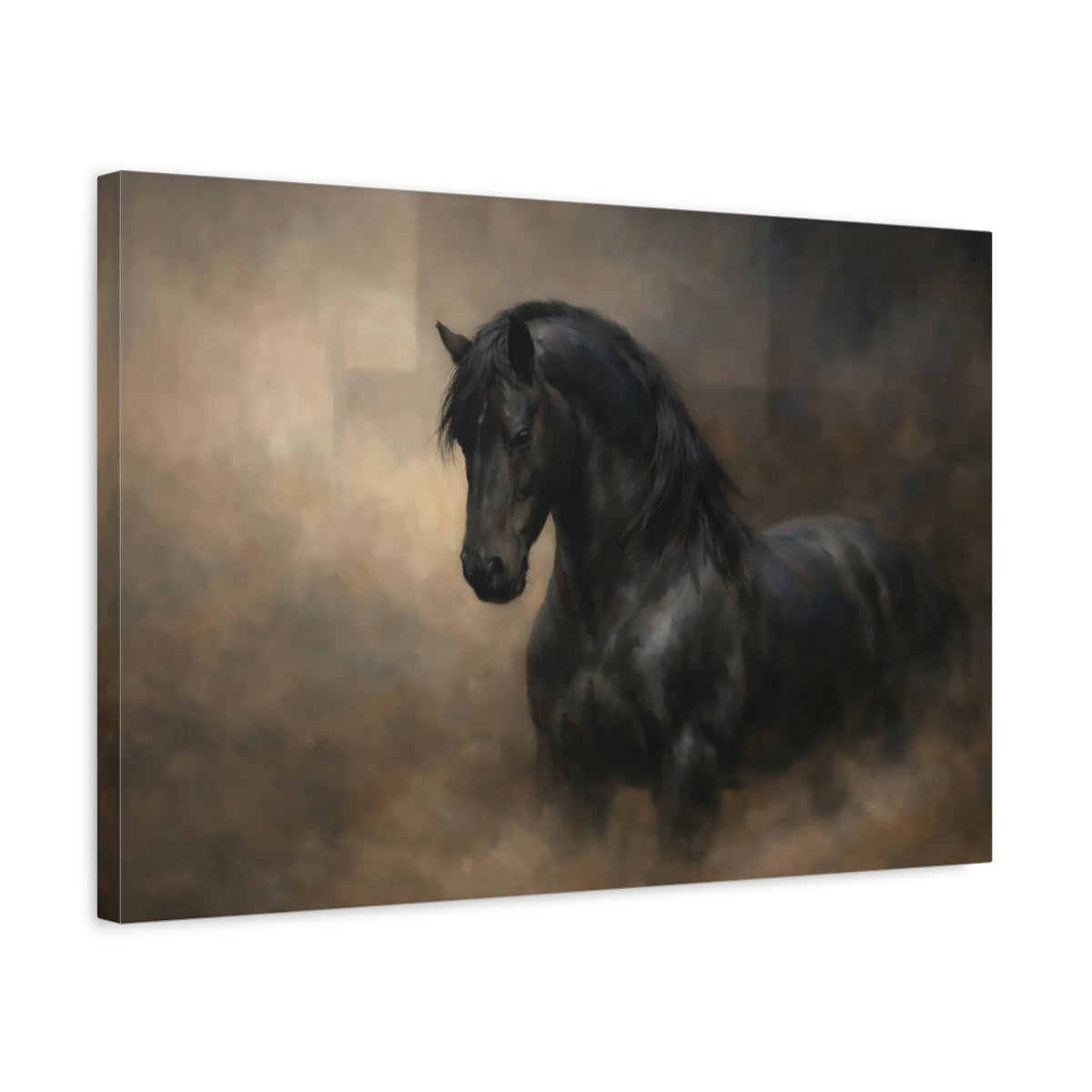 Side Mockup 3. Animals Black Horse Black Horse shown as stretched canvas wall art