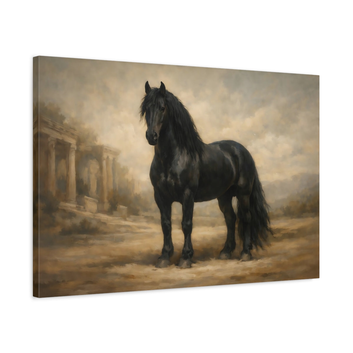 Side Mockup 2. Animals Black Horse Black Horse shown as stretched canvas wall art