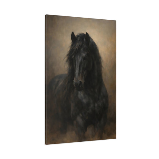 Main Mockup. Animals Black Horse Dark Horse shown as stretched canvas wall art