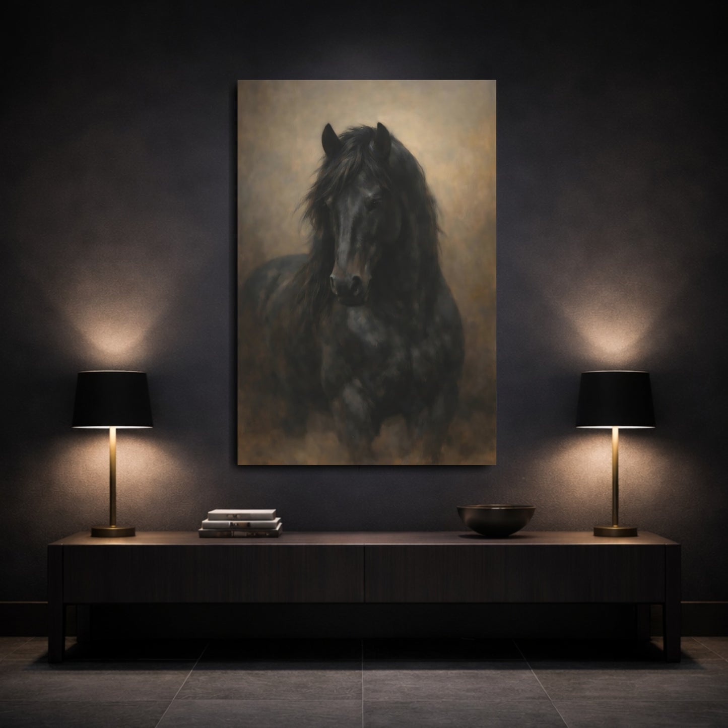 Mockup 2. Animals Black Horse Dark Horse shown as stretched canvas wall art