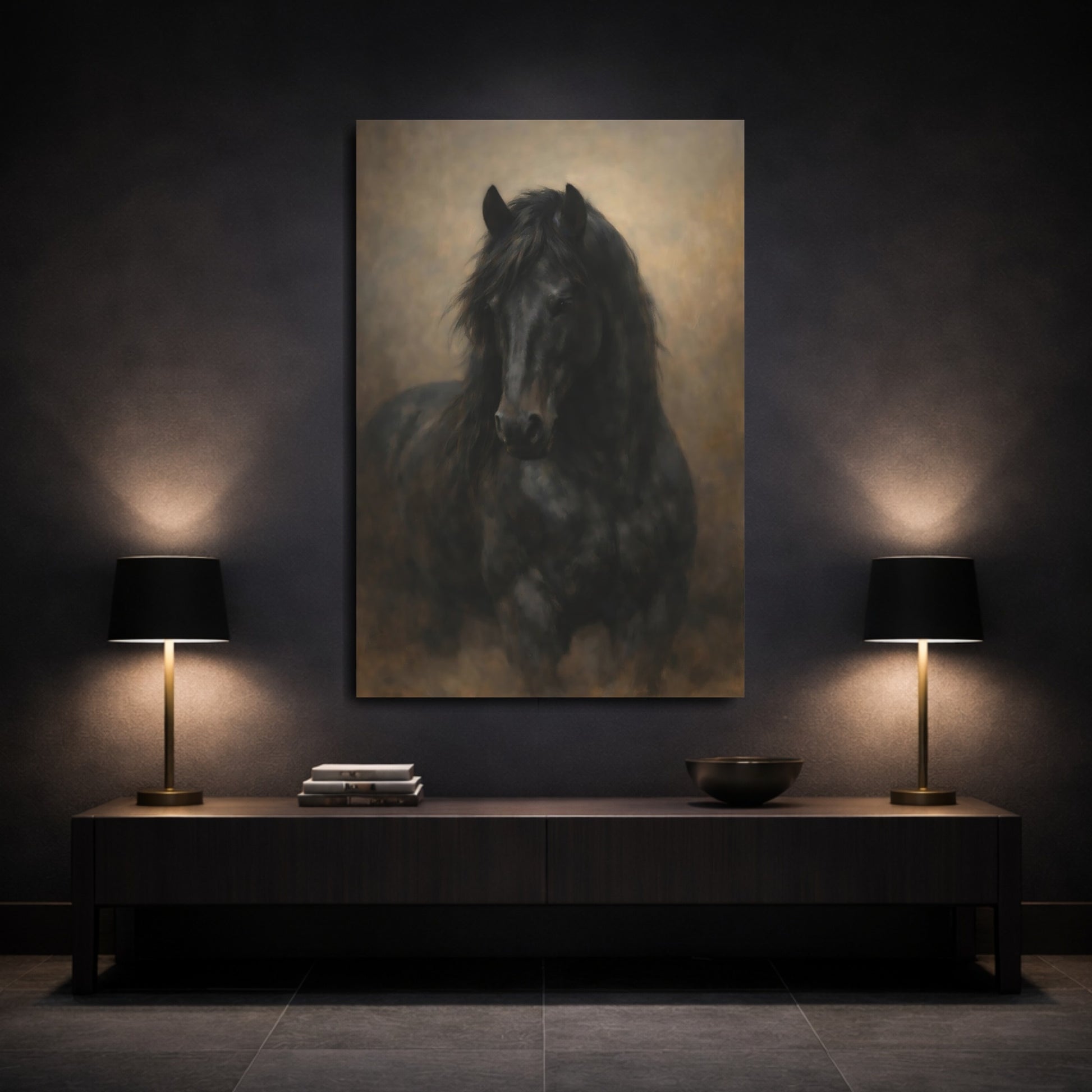 Mockup 2. Animals Black Horse Dark Horse shown as stretched canvas wall art