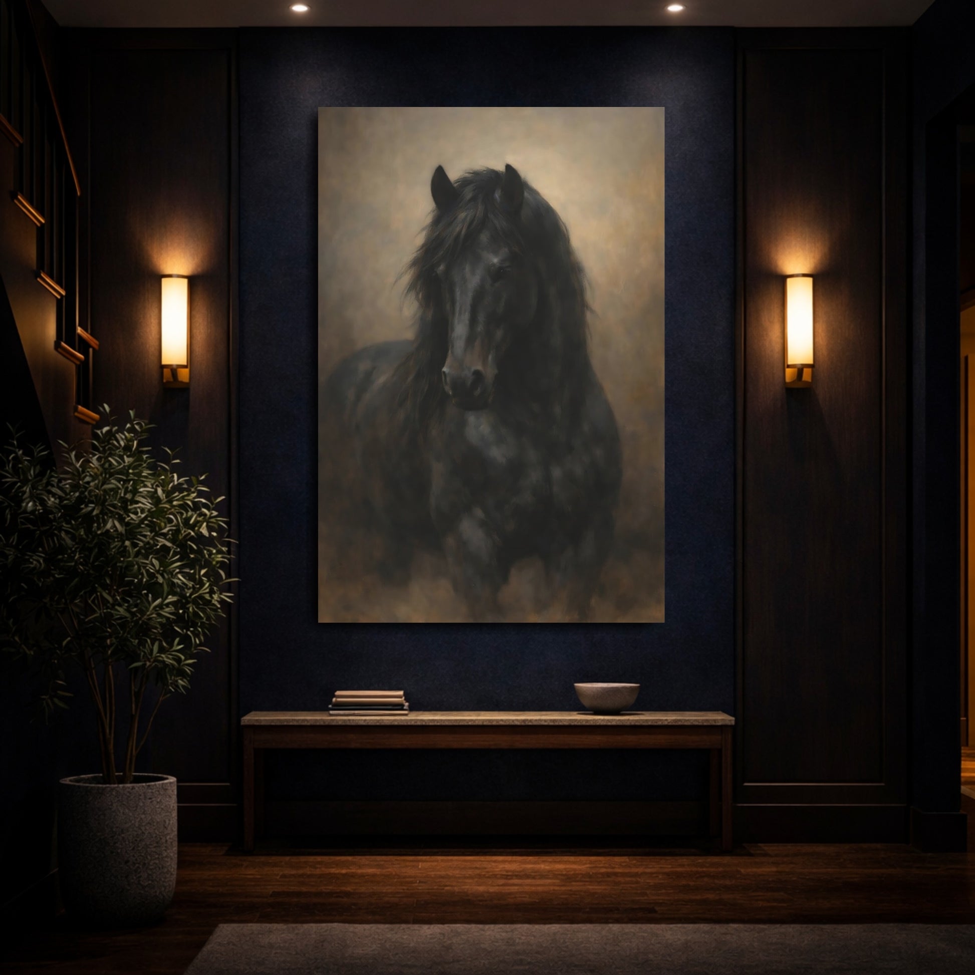 Mockup 3. Animals Black Horse Dark Horse shown as stretched canvas wall art