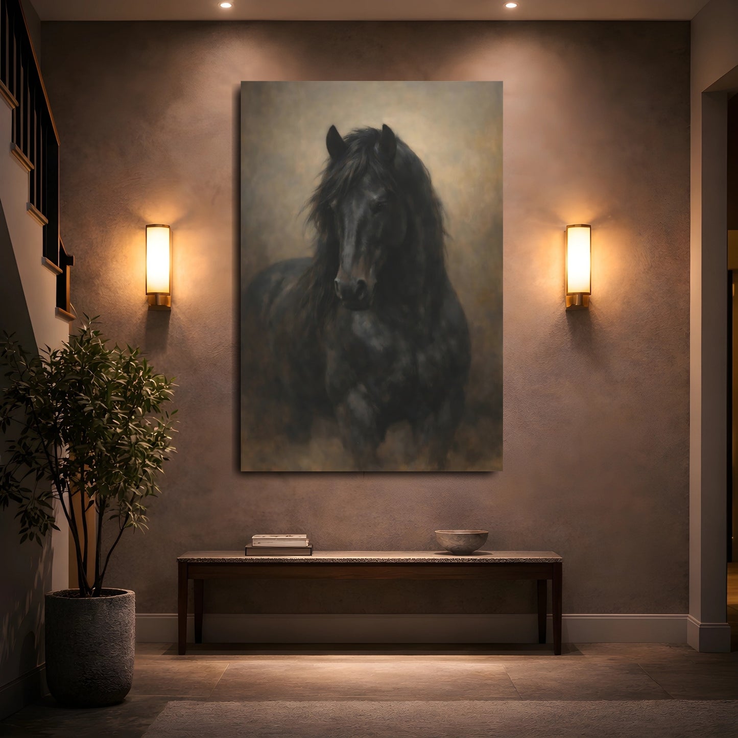 Mockup 4. Animals Black Horse Dark Horse shown as stretched canvas wall art