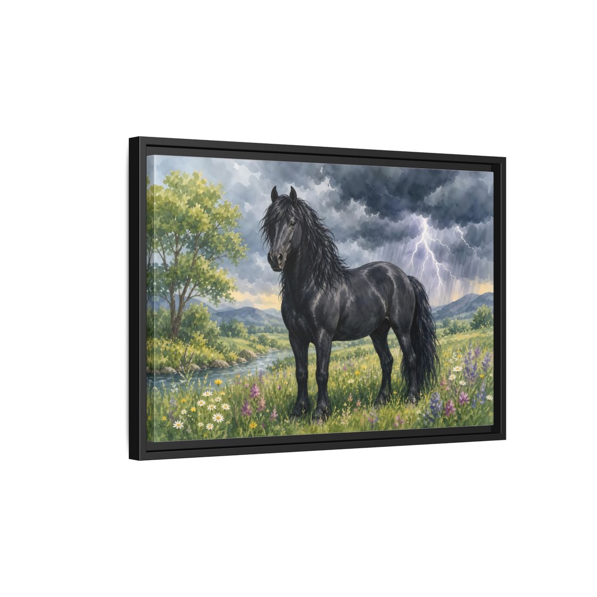 Side Mockup 3. Animals Black Horse Black Horse Storm shown as stretched canvas wall art