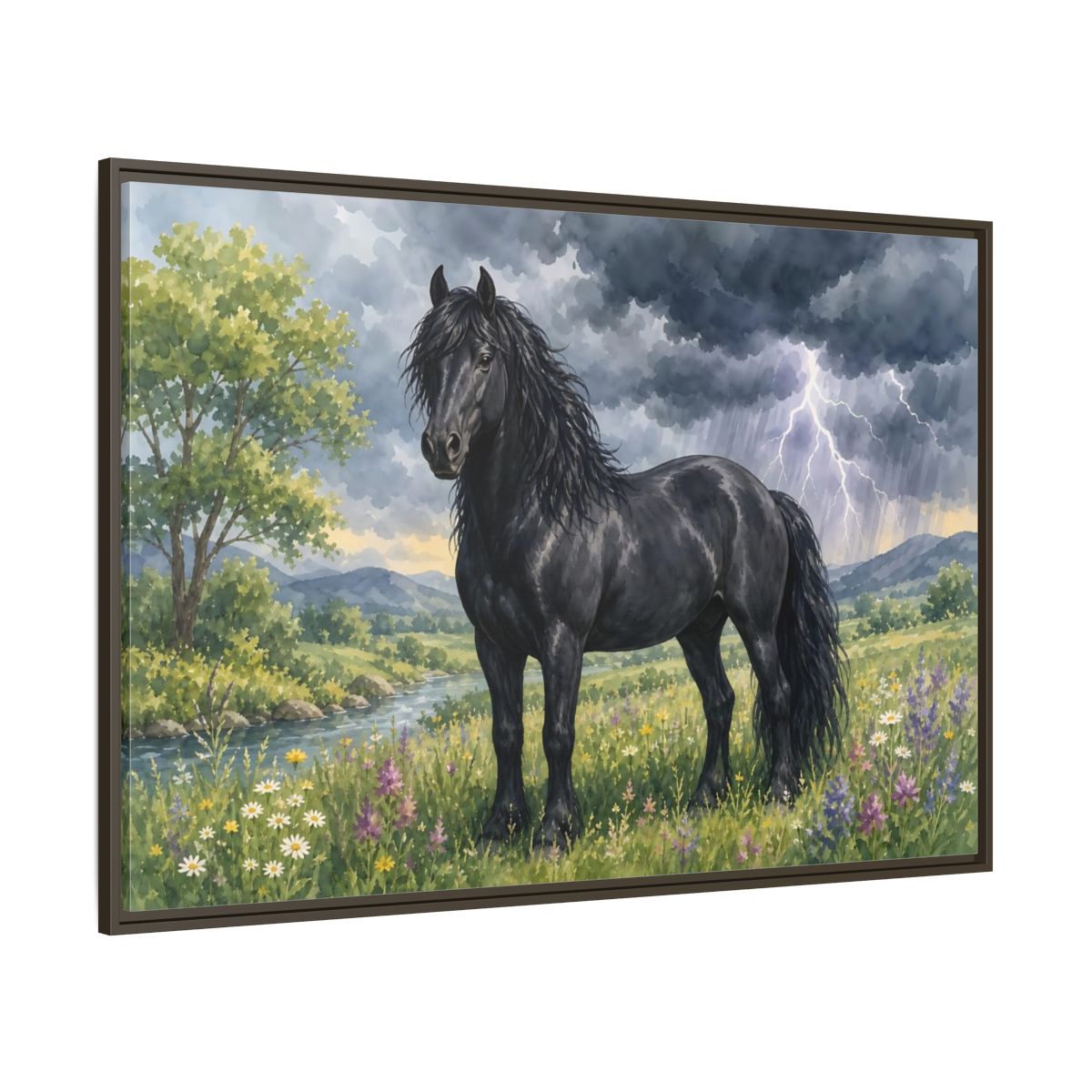 Side Mockup 8. Animals Black Horse Black Horse Storm shown as stretched canvas wall art