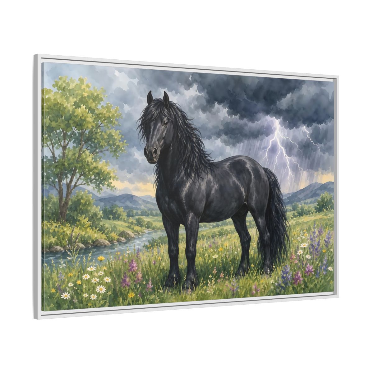 Side Mockup 7. Animals Black Horse Black Horse Storm shown as stretched canvas wall art