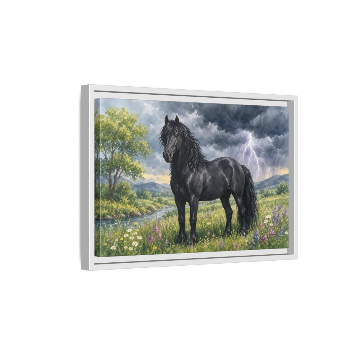 Side Mockup 4. Animals Black Horse Black Horse Storm shown as stretched canvas wall art