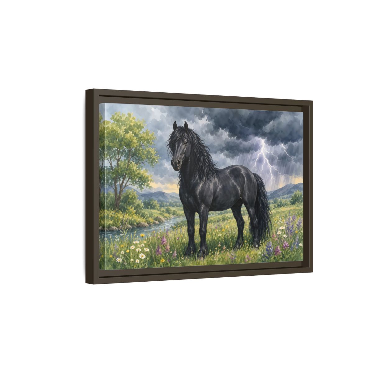 Side Mockup 5. Animals Black Horse Black Horse Storm shown as stretched canvas wall art