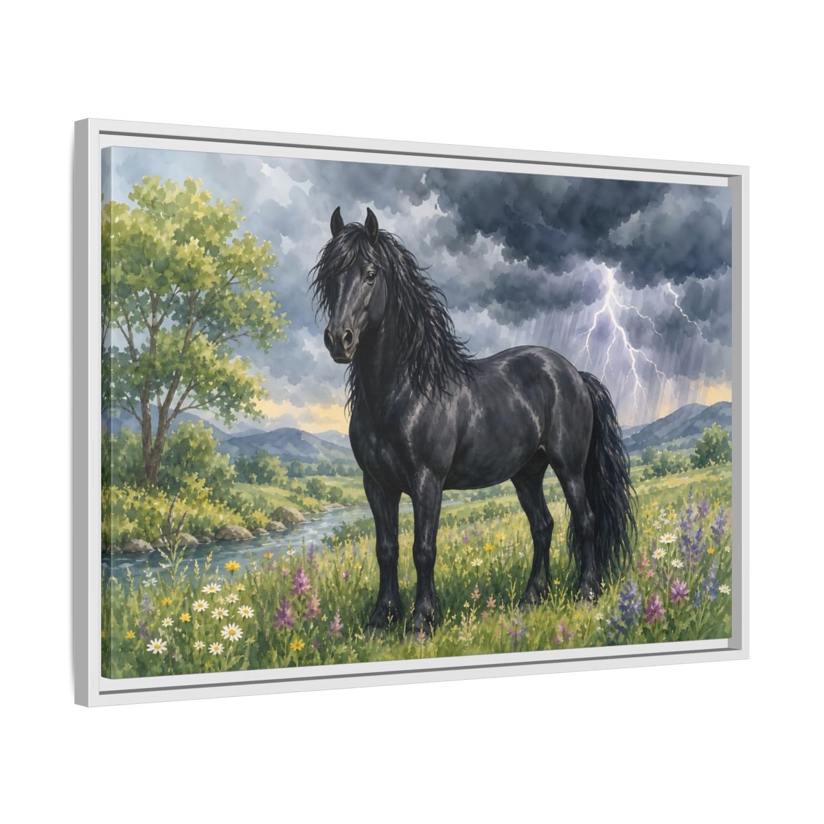 Side Mockup 10. Animals Black Horse Black Horse Storm shown as stretched canvas wall art