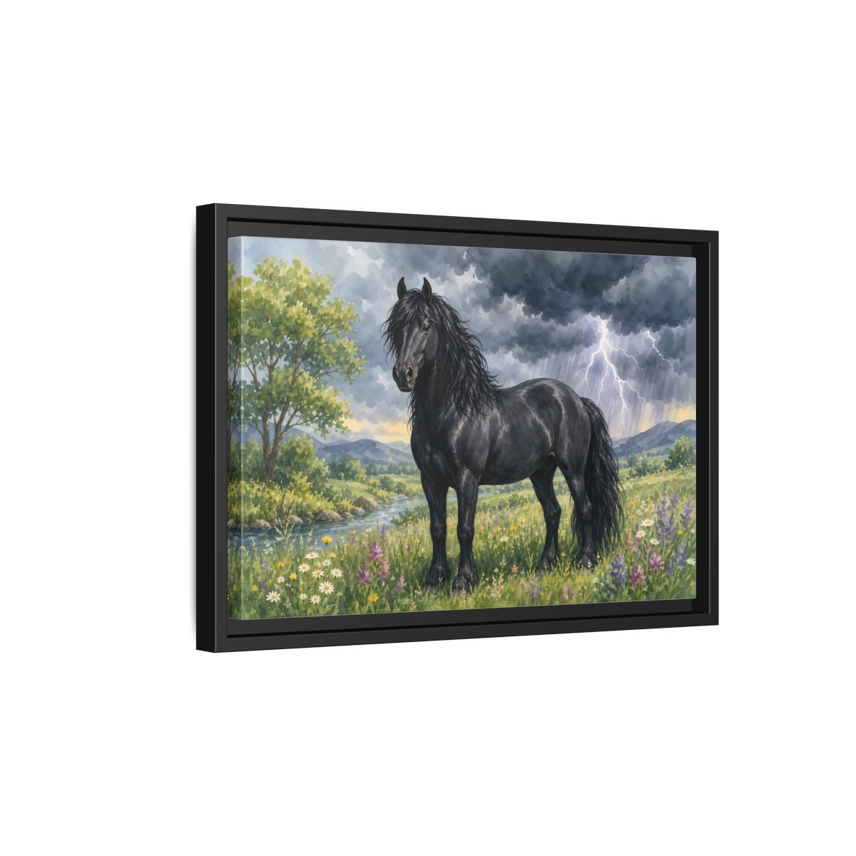 Side Mockup 6. Animals Black Horse Black Horse Storm shown as stretched canvas wall art