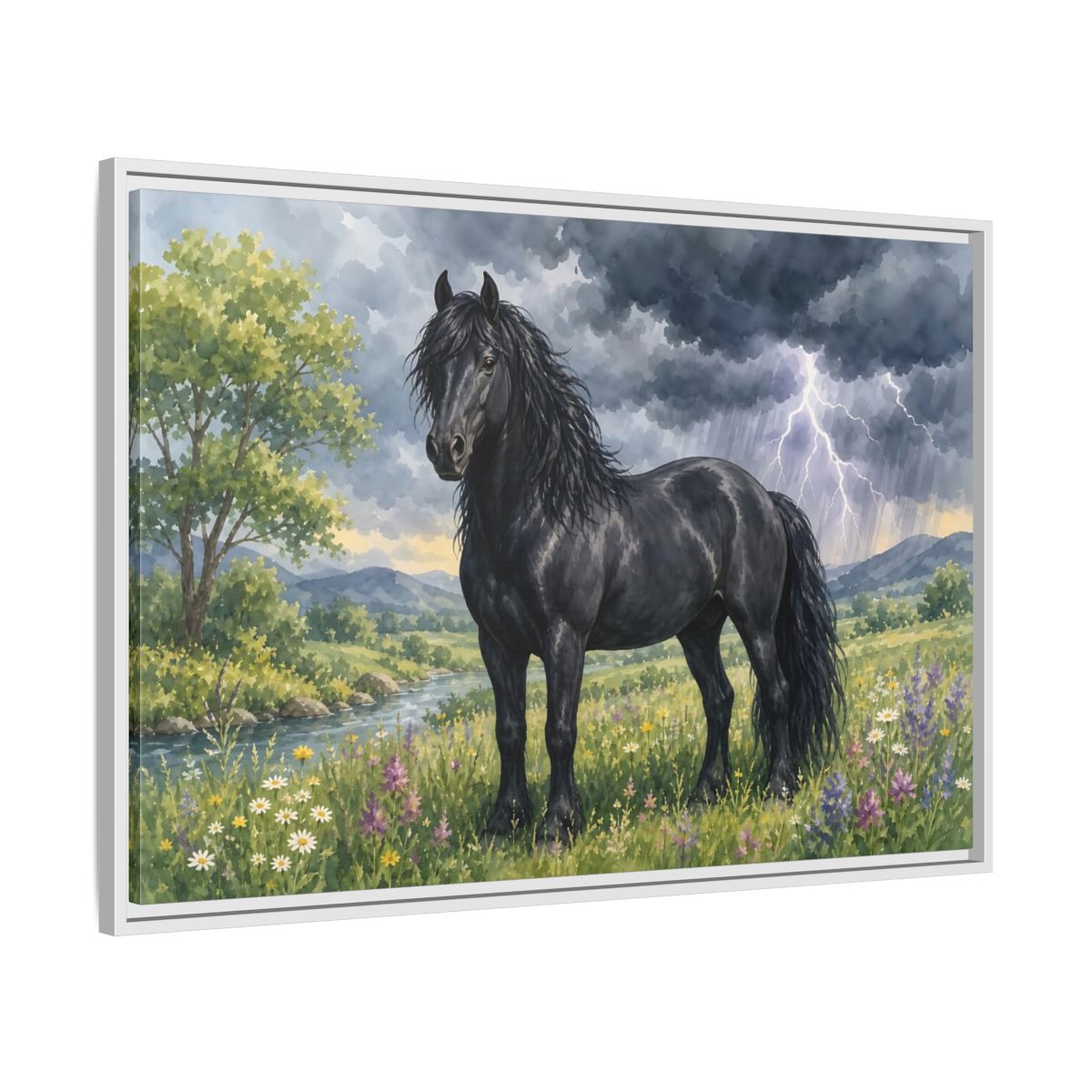 Side Mockup 9. Animals Black Horse Black Horse Storm shown as stretched canvas wall art