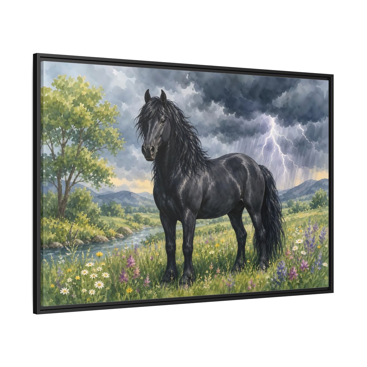 Side Mockup 12. Animals Black Horse Black Horse Storm shown as stretched canvas wall art