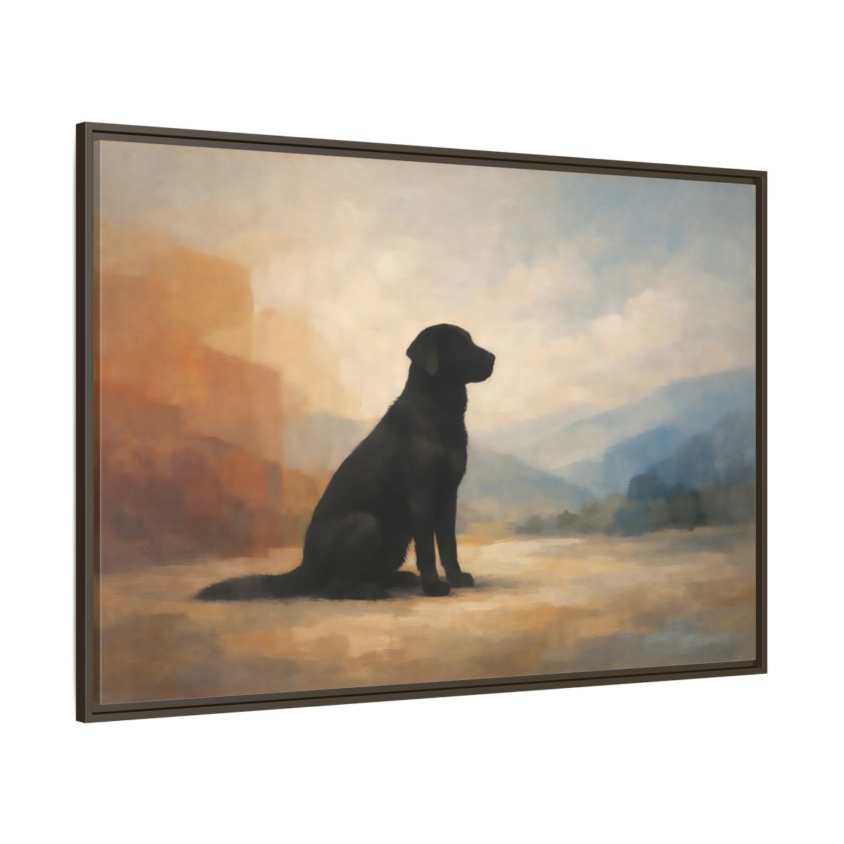 Main Mockup. Animals Black Labrador Black Dog Landscape shown as stretched canvas wall art