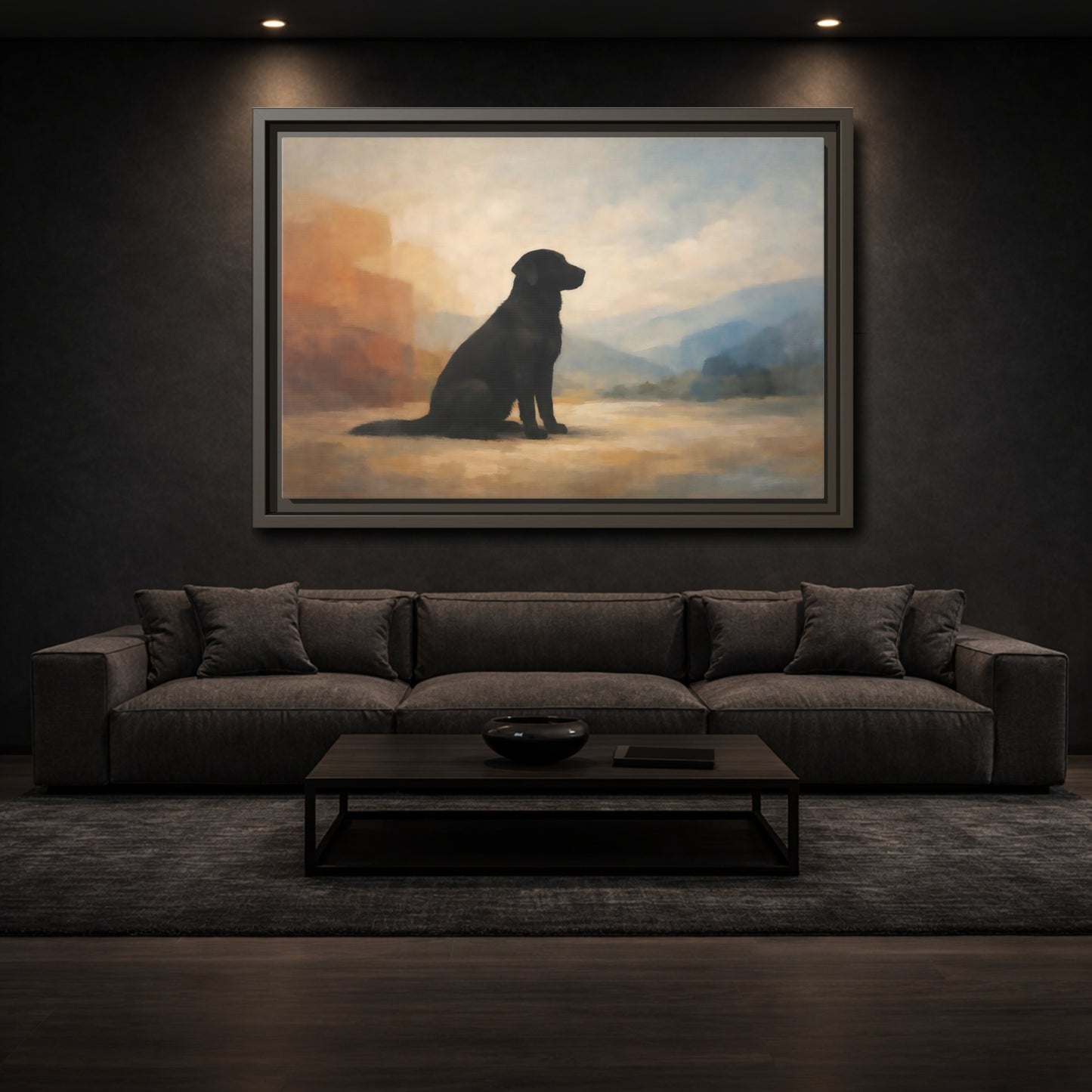 Mockup 2. Animals Black Labrador Black Dog Landscape shown as stretched canvas wall art
