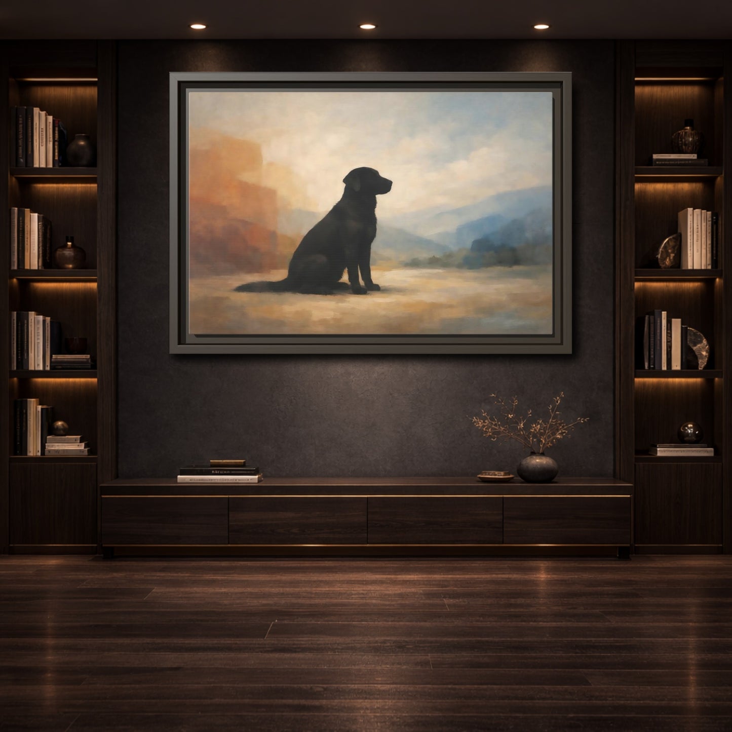 Mockup 3. Animals Black Labrador Black Dog Landscape shown as stretched canvas wall art