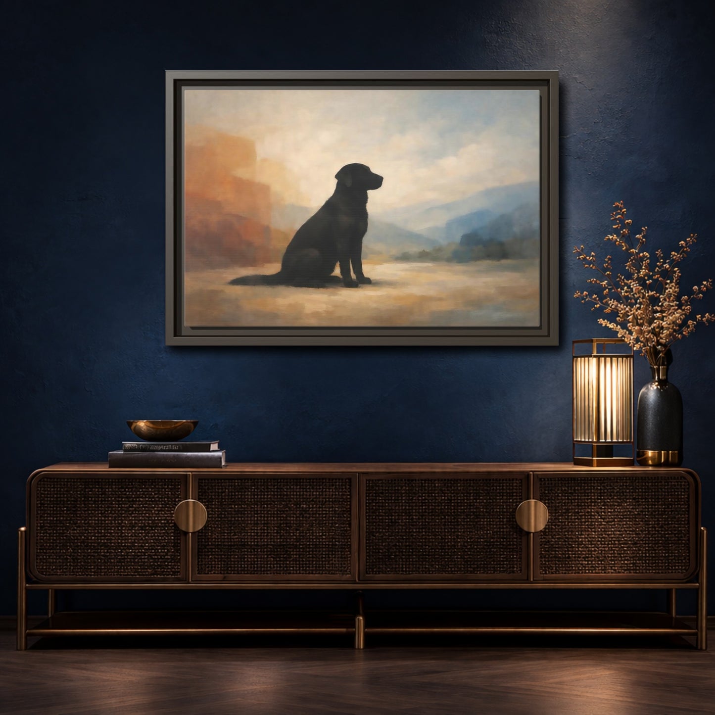 Mockup 4. Animals Black Labrador Black Dog Landscape shown as stretched canvas wall art