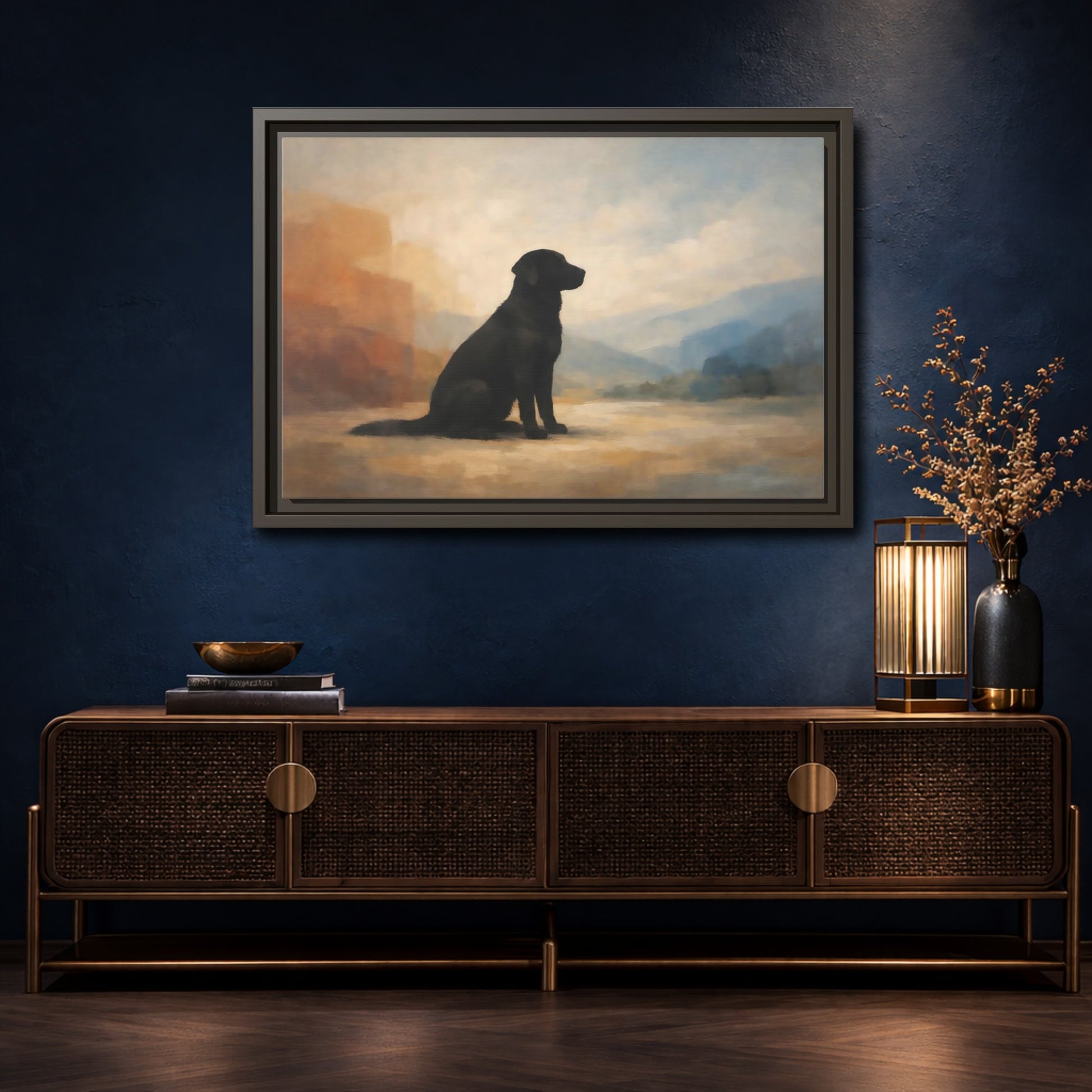 Mockup 4. Animals Black Labrador Black Dog Landscape shown as stretched canvas wall art