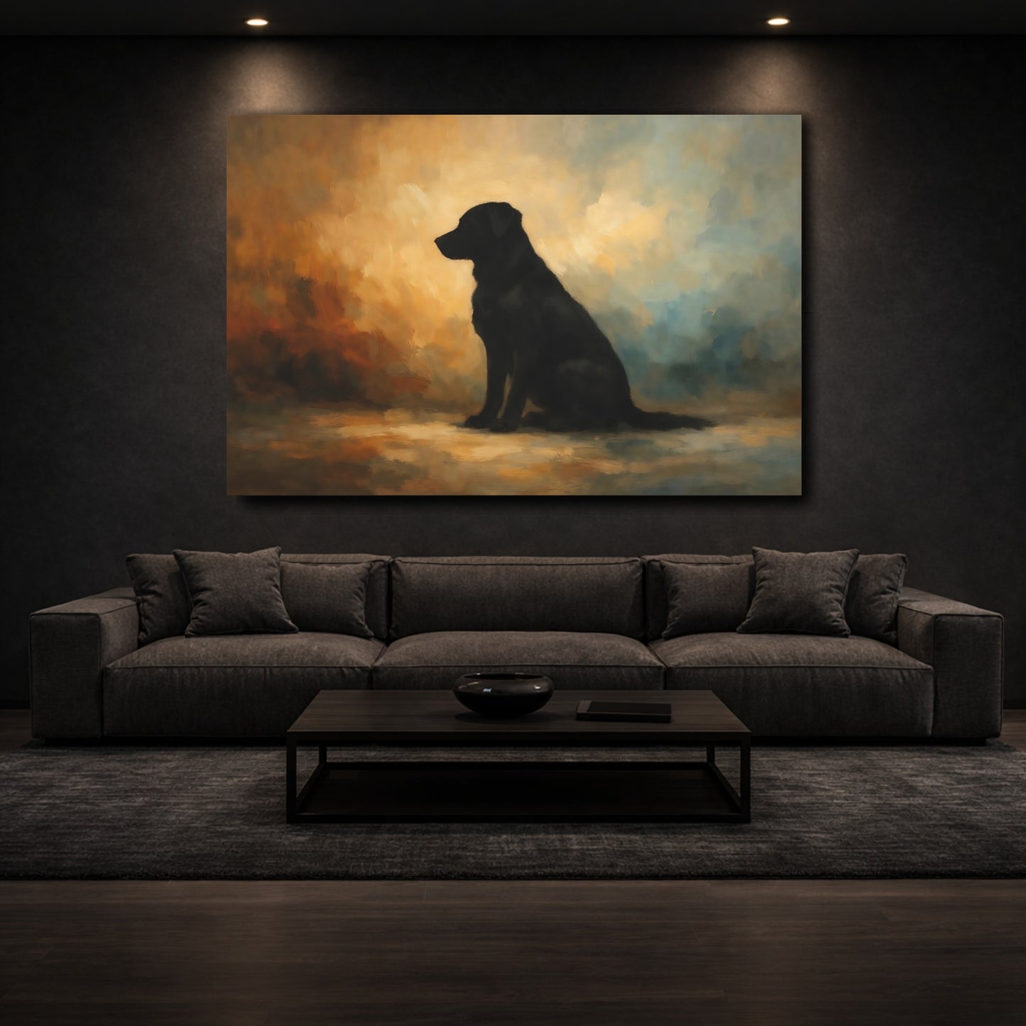 Mockup 2. Animals Black Labrador Black Labrador Art shown as stretched canvas wall art