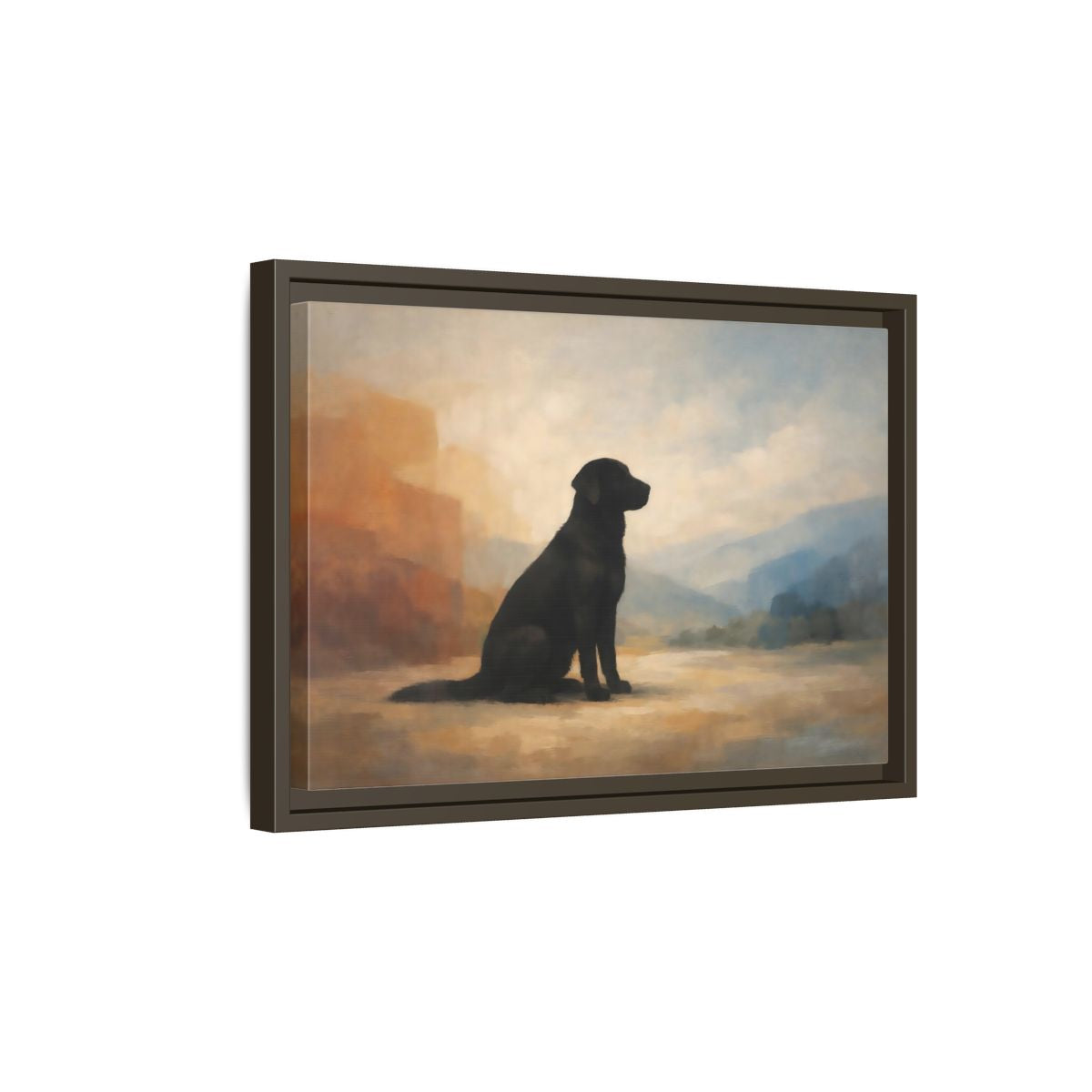 Side Mockup 5. Animals Black Labrador Black Dog Landscape shown as stretched canvas wall art