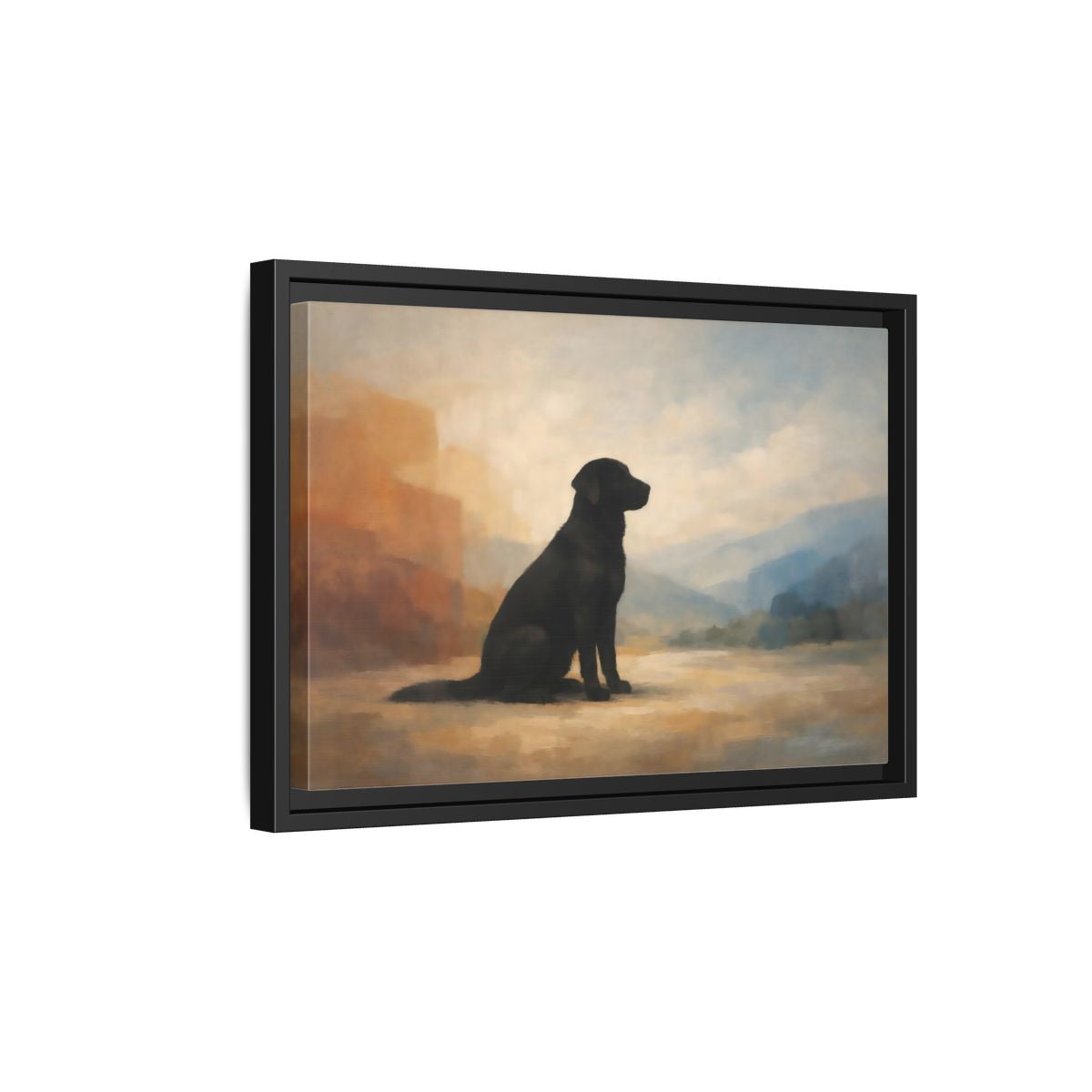 Side Mockup 6. Animals Black Labrador Black Dog Landscape shown as stretched canvas wall art
