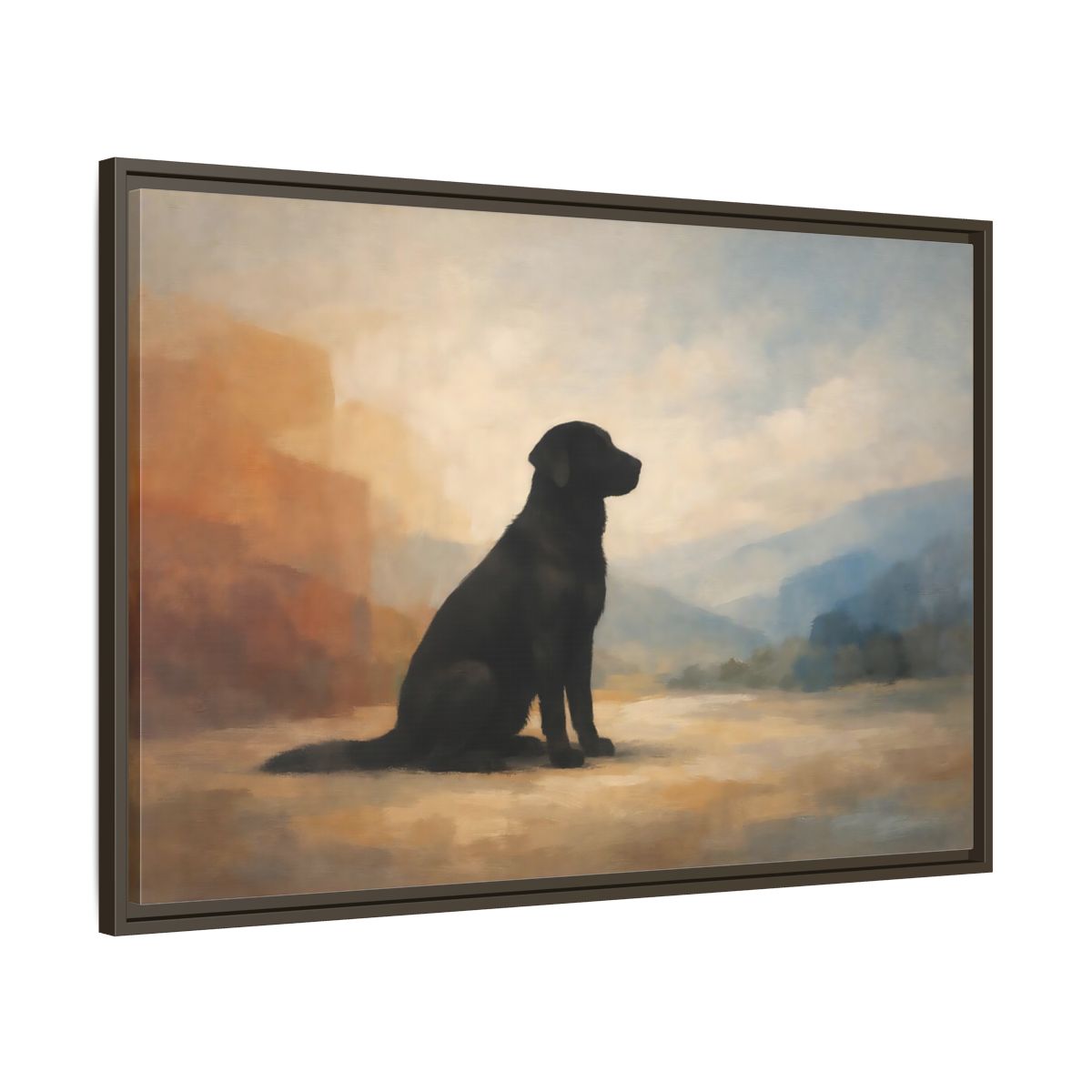Side Mockup 9. Animals Black Labrador Black Dog Landscape shown as stretched canvas wall art