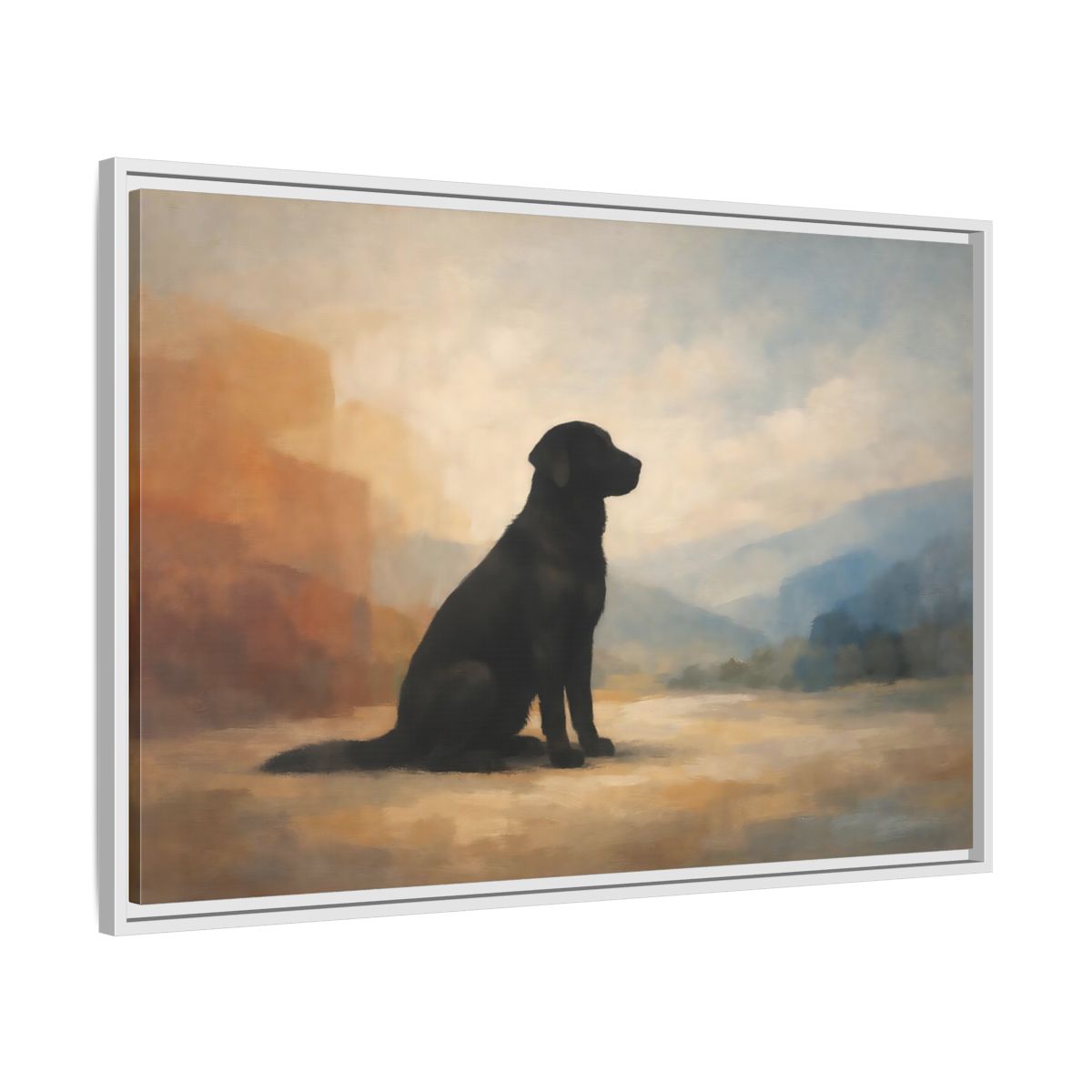 Side Mockup 8. Animals Black Labrador Black Dog Landscape shown as stretched canvas wall art