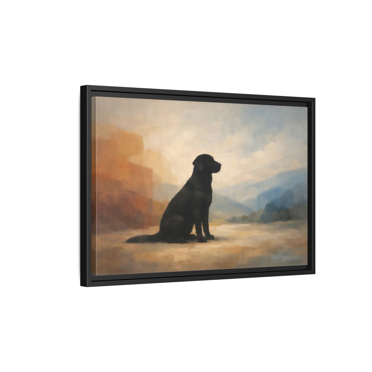 Side Mockup 3. Animals Black Labrador Black Dog Landscape shown as stretched canvas wall art