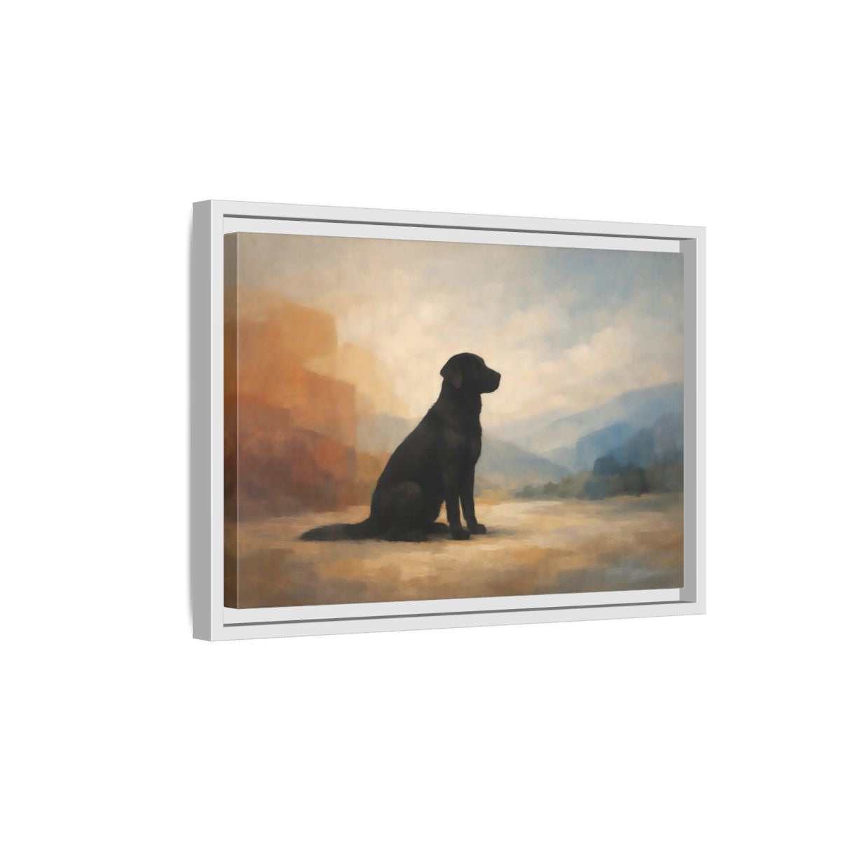 Side Mockup 4. Animals Black Labrador Black Dog Landscape shown as stretched canvas wall art