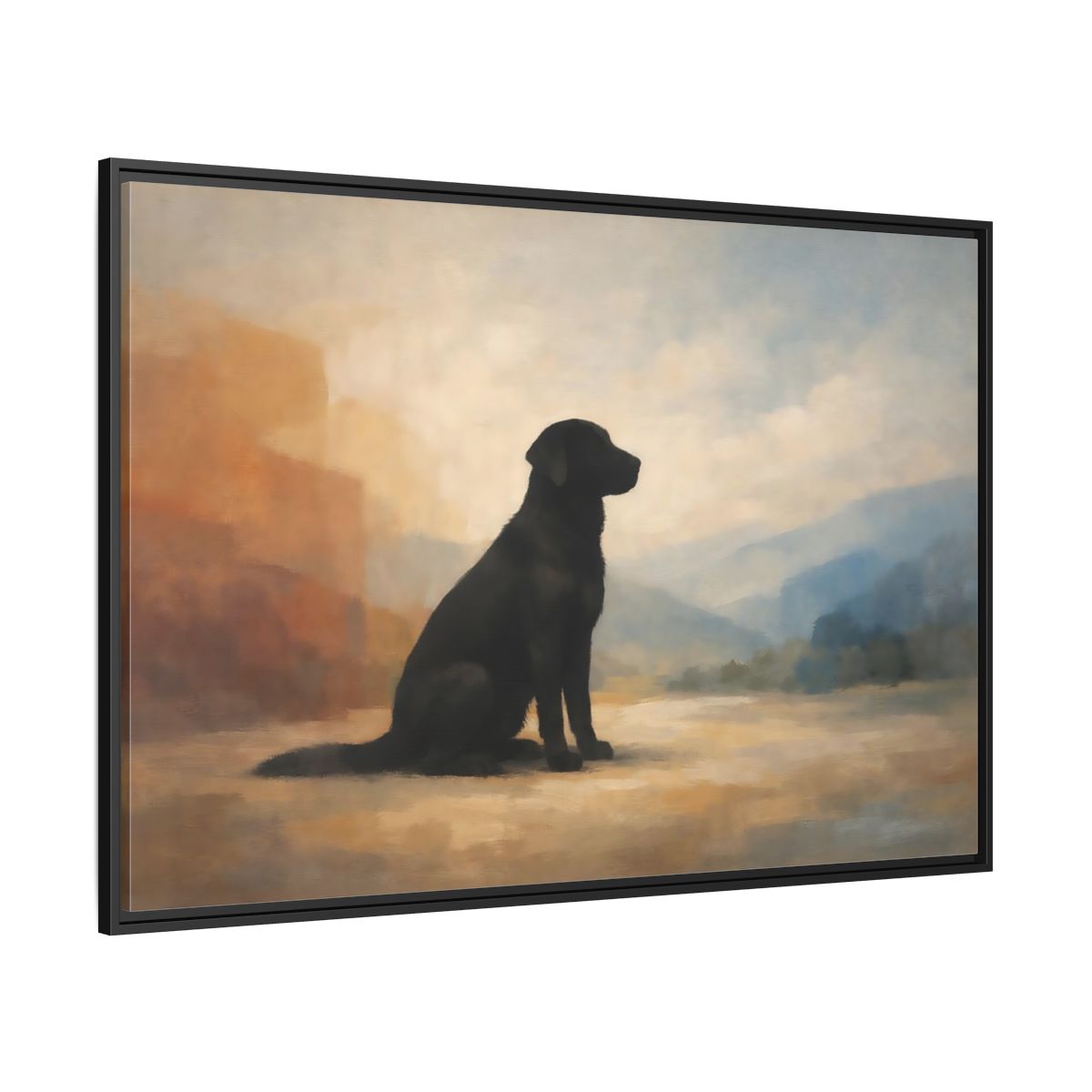 Side Mockup 12. Animals Black Labrador Black Dog Landscape shown as stretched canvas wall art