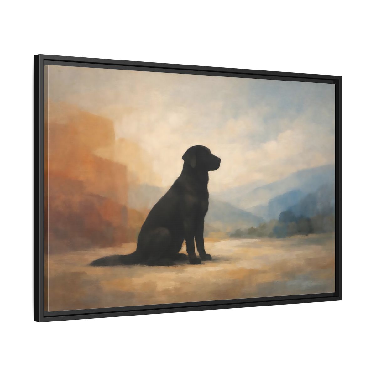 Side Mockup 13. Animals Black Labrador Black Dog Landscape shown as stretched canvas wall art