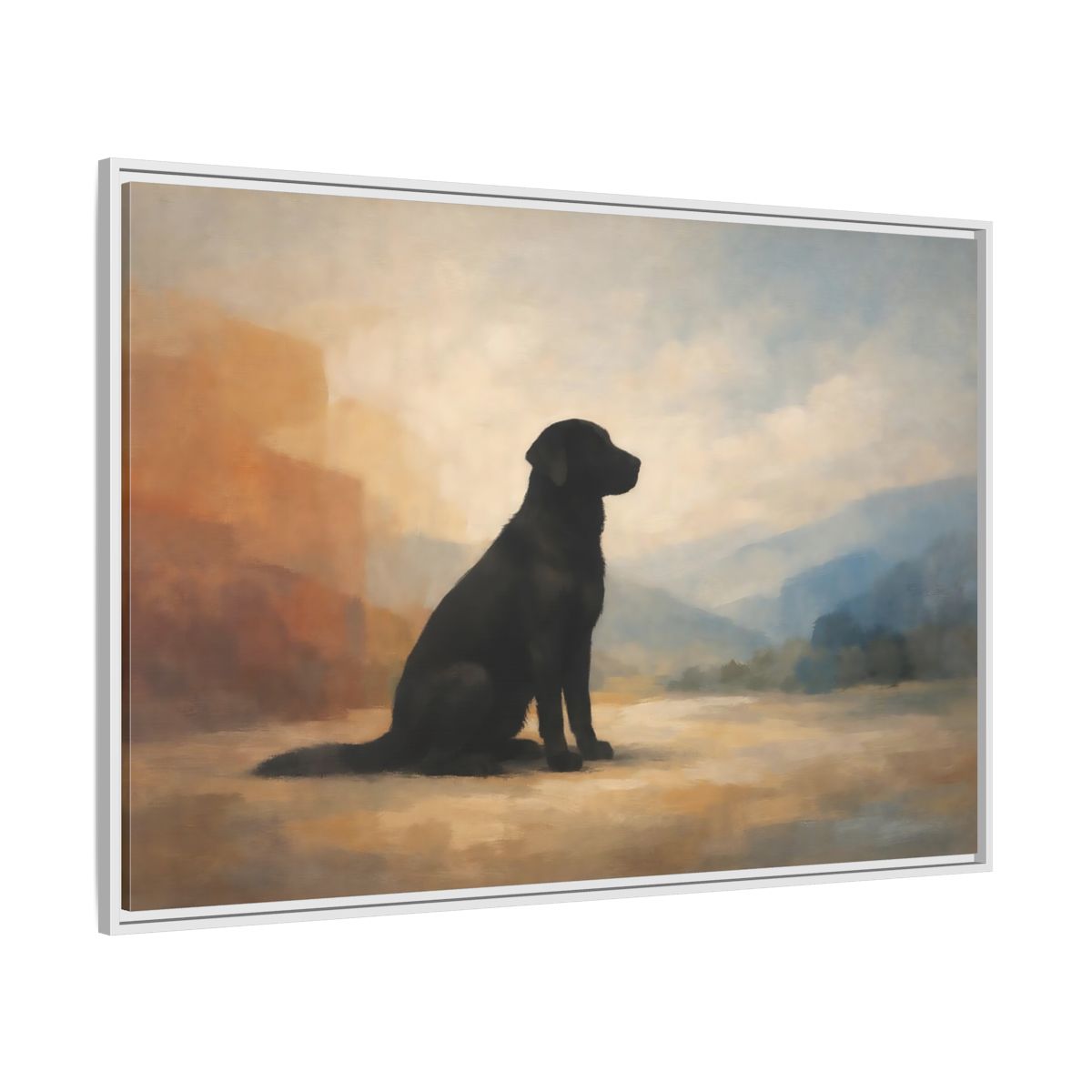 Side Mockup 7. Animals Black Labrador Black Dog Landscape shown as stretched canvas wall art