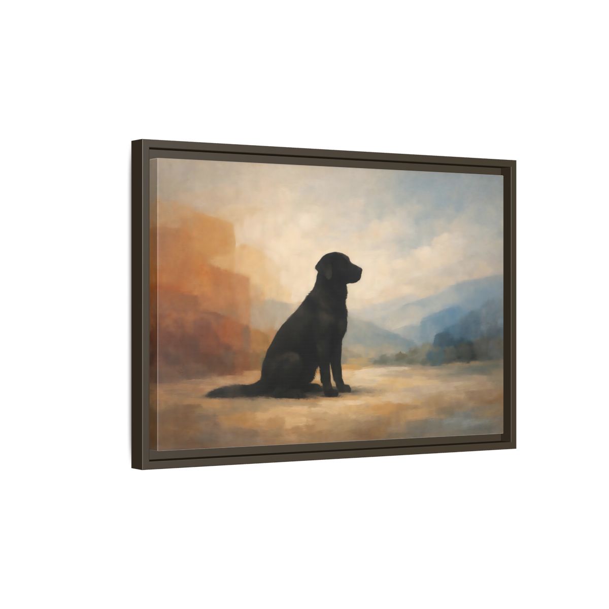 Side Mockup 2. Animals Black Labrador Black Dog Landscape shown as stretched canvas wall art
